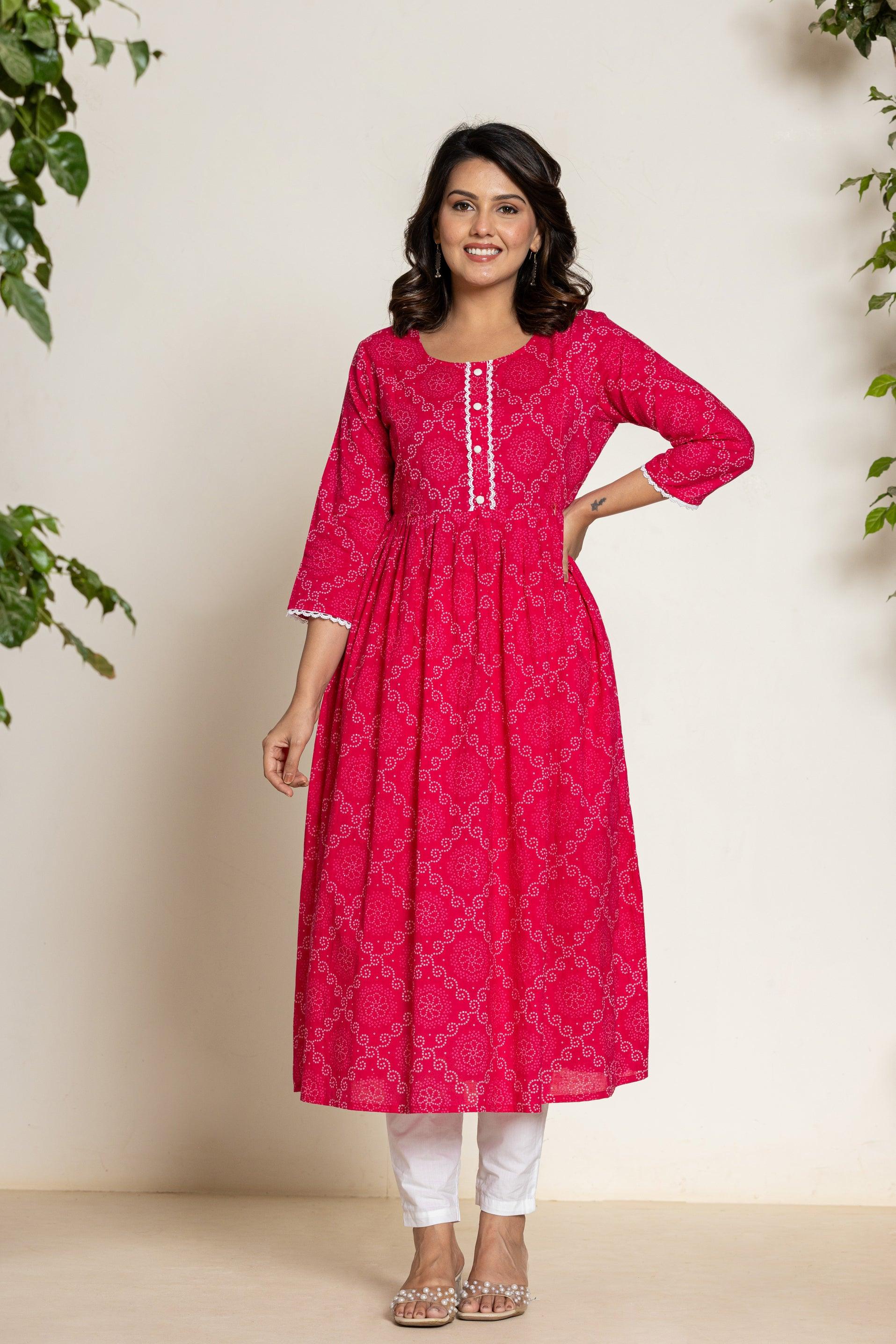 Women Anarkali Pure High Grade Cambric Bandhani Cotton Kurti