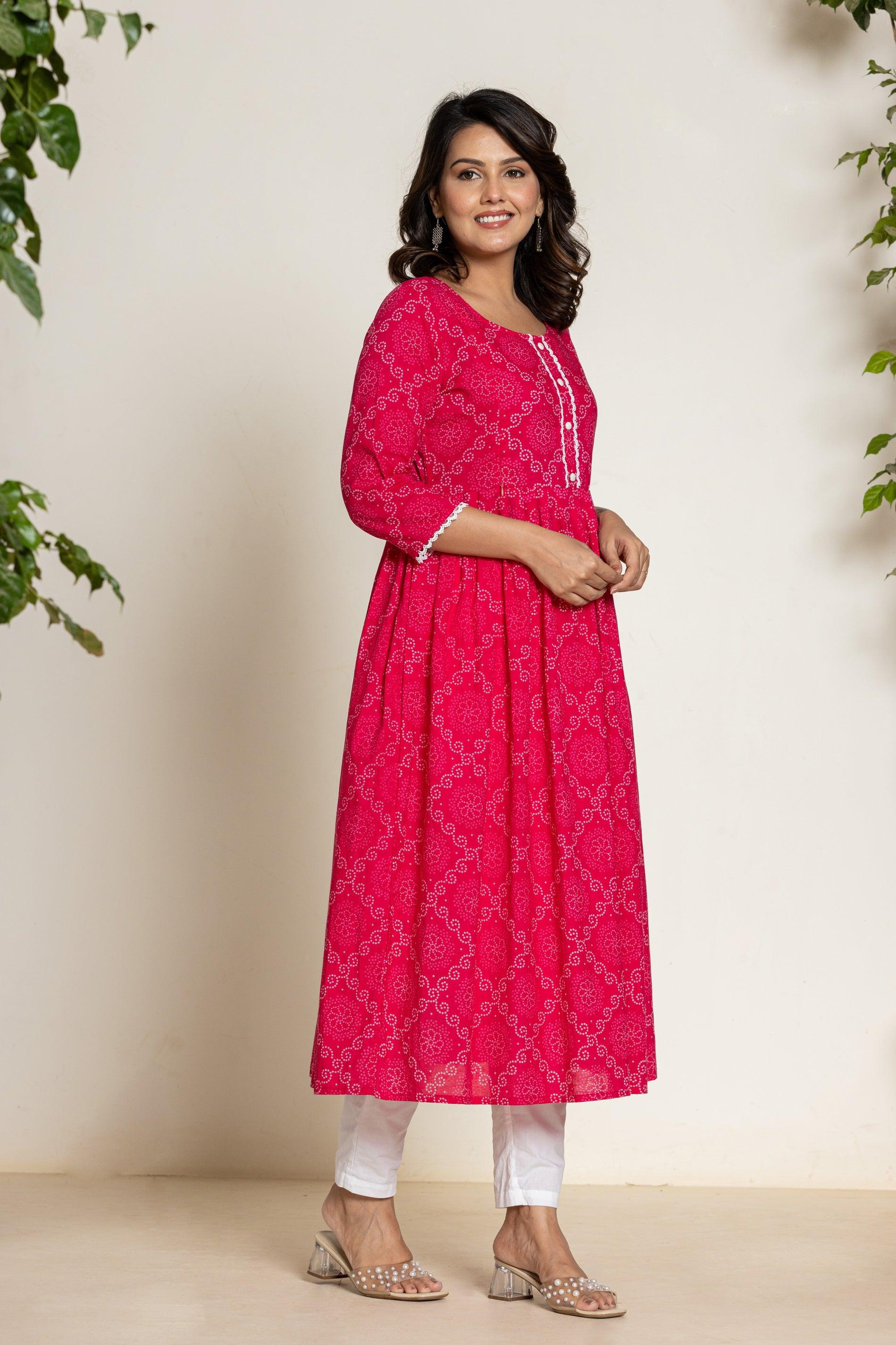 Women Anarkali Pure High Grade Cambric Bandhani Cotton Kurti