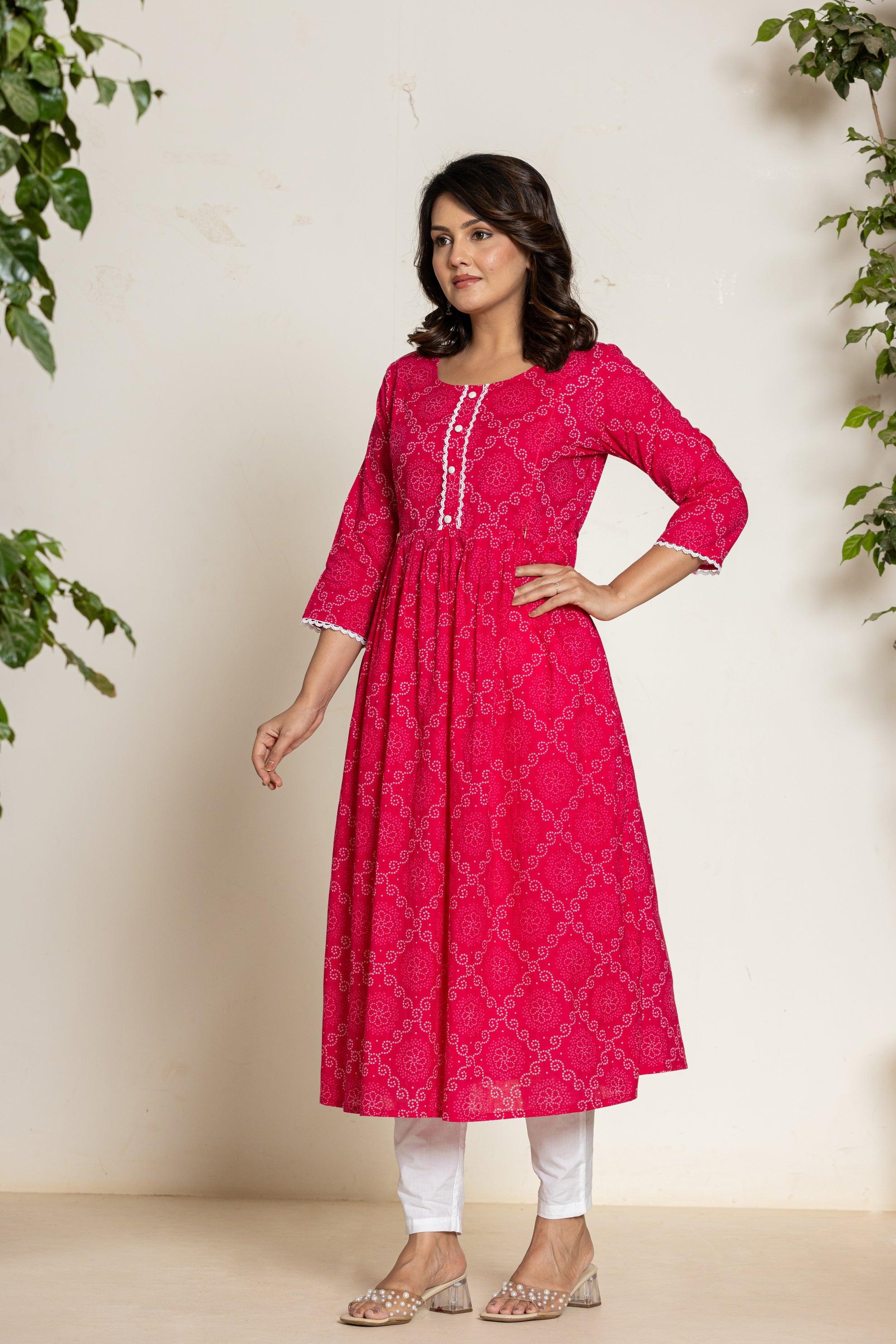 Women Anarkali Pure High Grade Cambric Bandhani Cotton Kurti