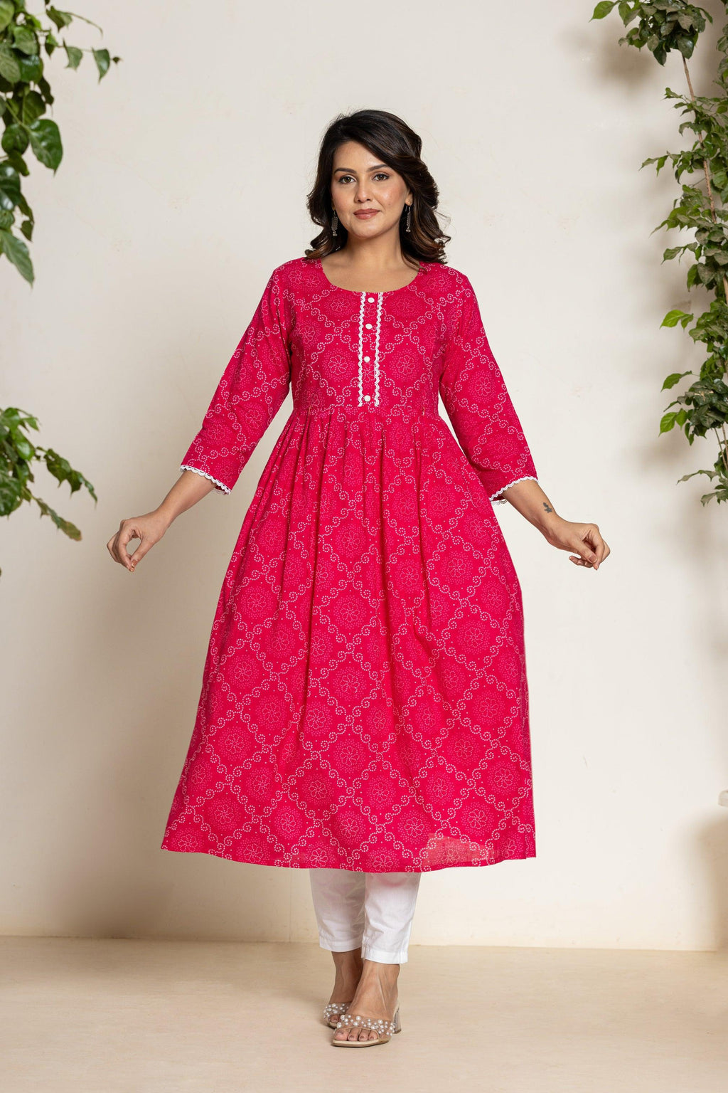 Women Anarkali Pure High Grade Cambric Bandhani Cotton Kurti