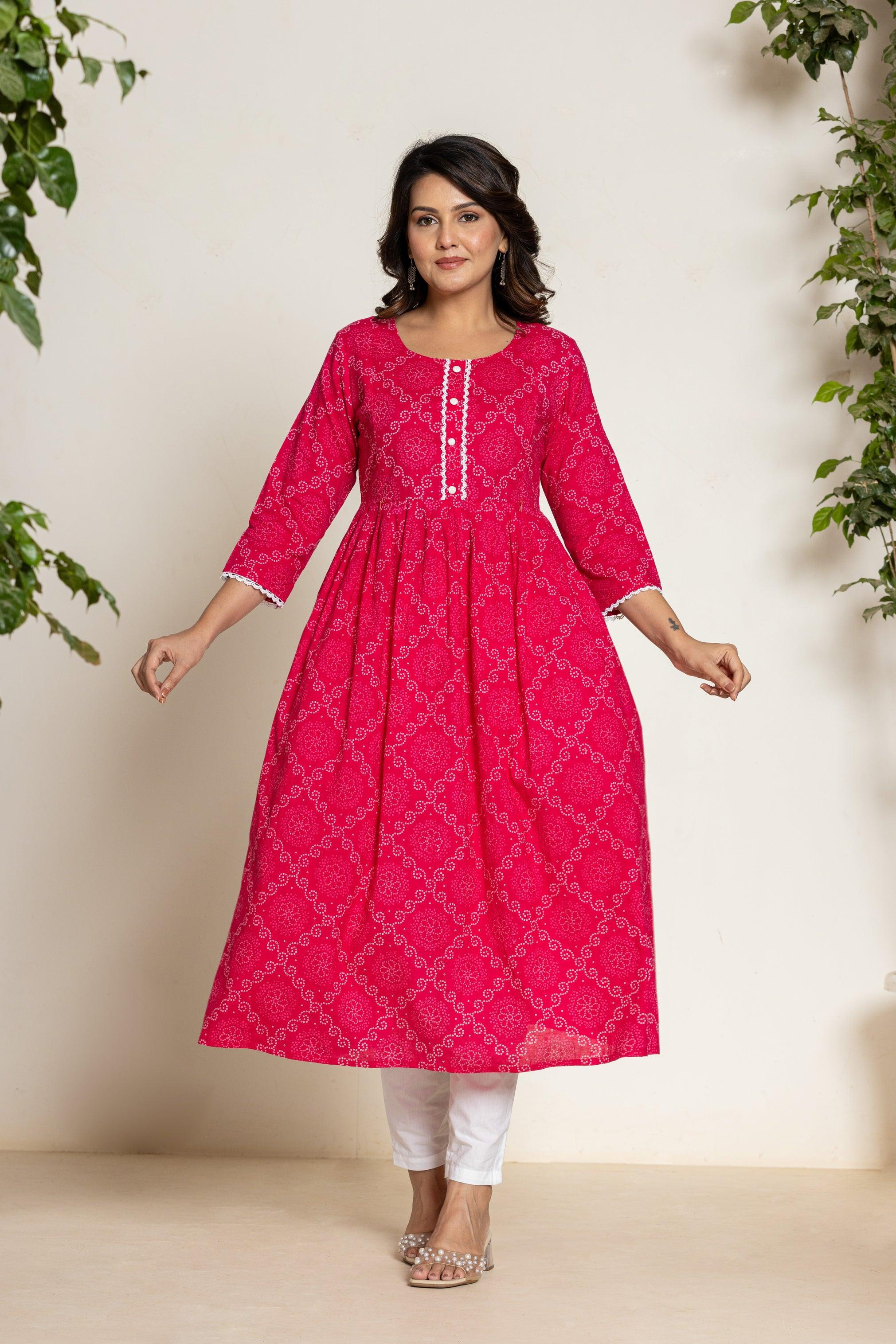 Women Anarkali Pure High Grade Cambric Bandhani Cotton Kurti
