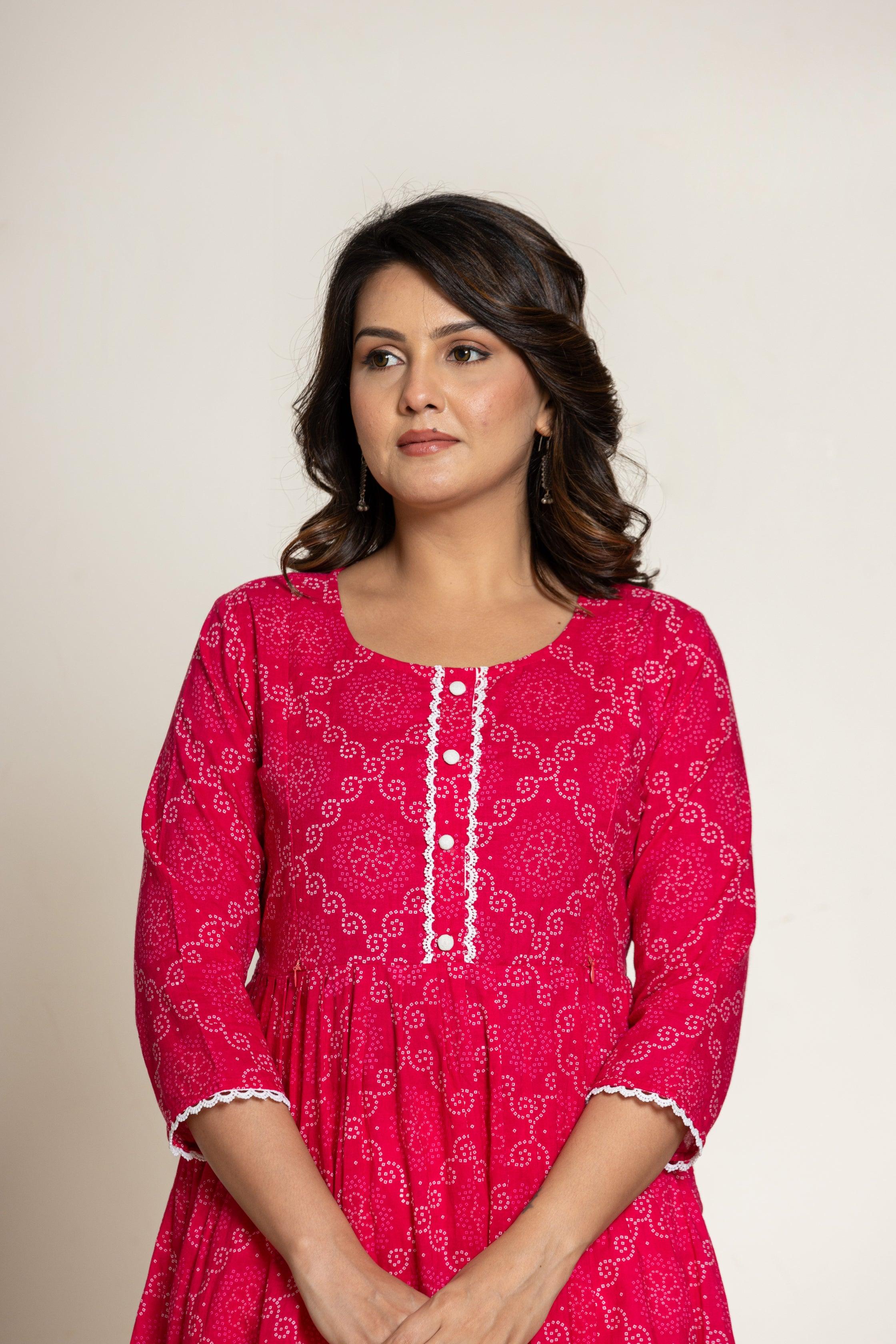 Women Anarkali Pure High Grade Cambric Bandhani Cotton Kurti