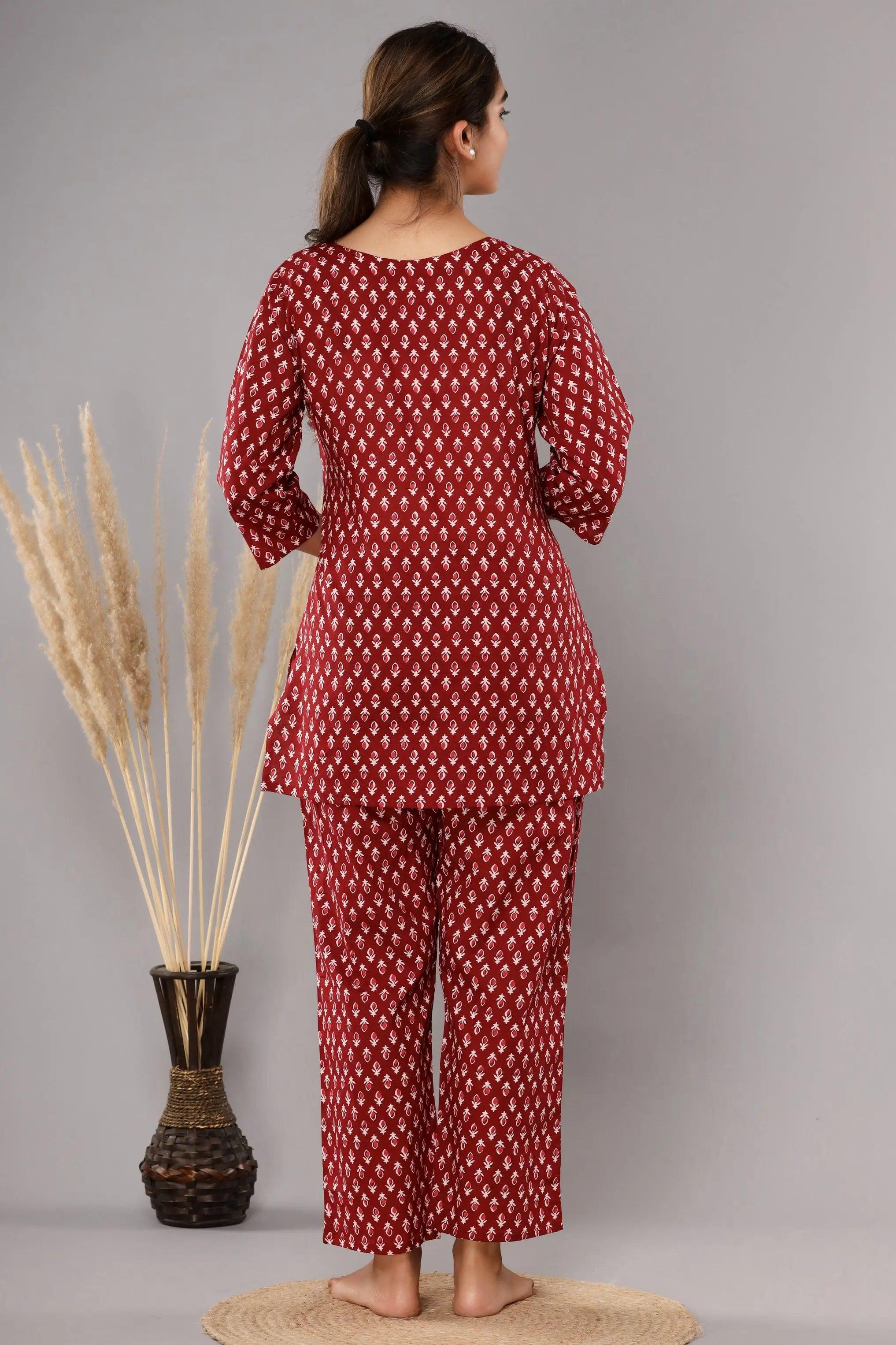 Women Maroon & White Printed Pure Cotton Co-Ord Set ROOPWATI FASHION