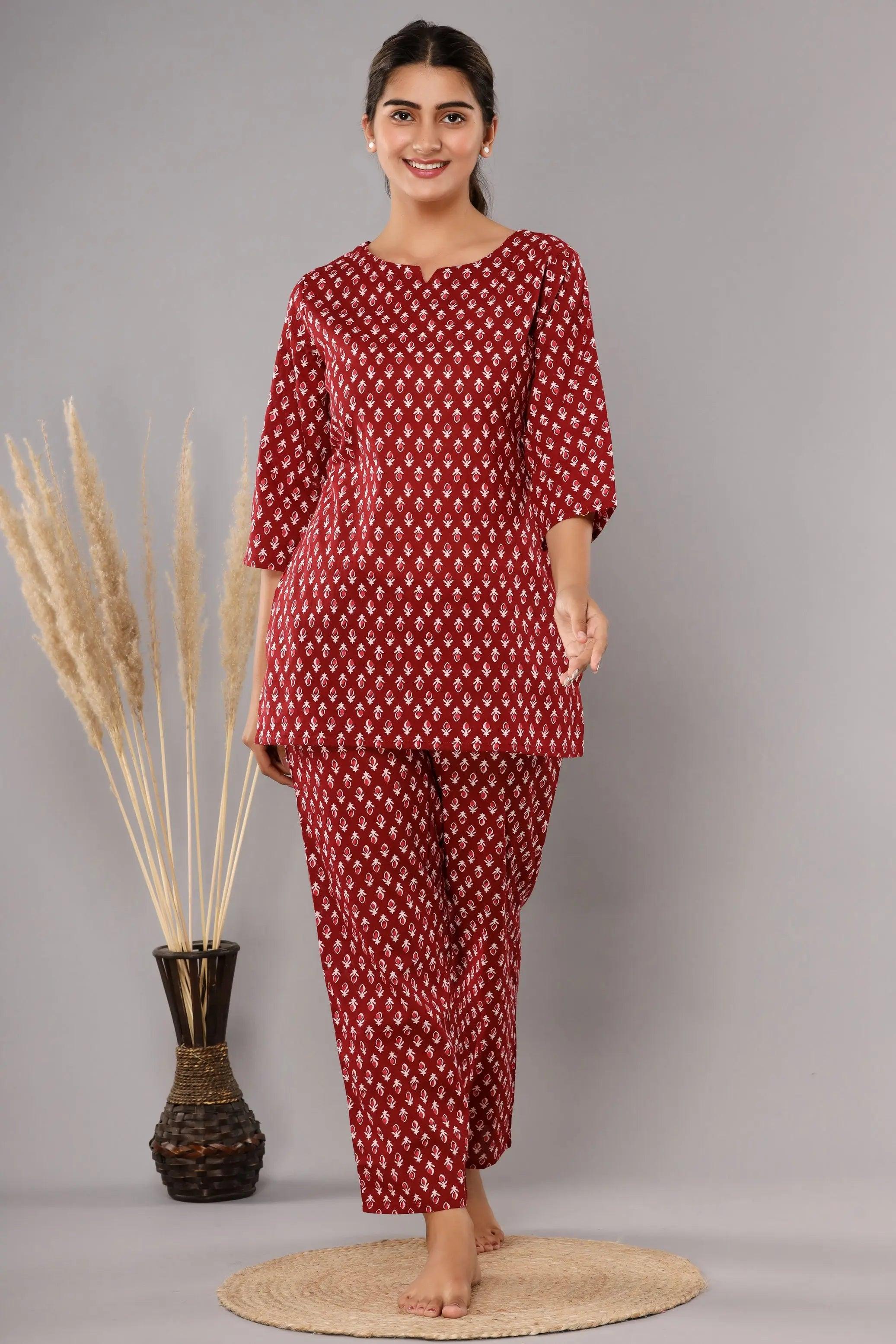 Women Maroon & White Printed Pure Cotton Co-Ord Set ROOPWATI FASHION