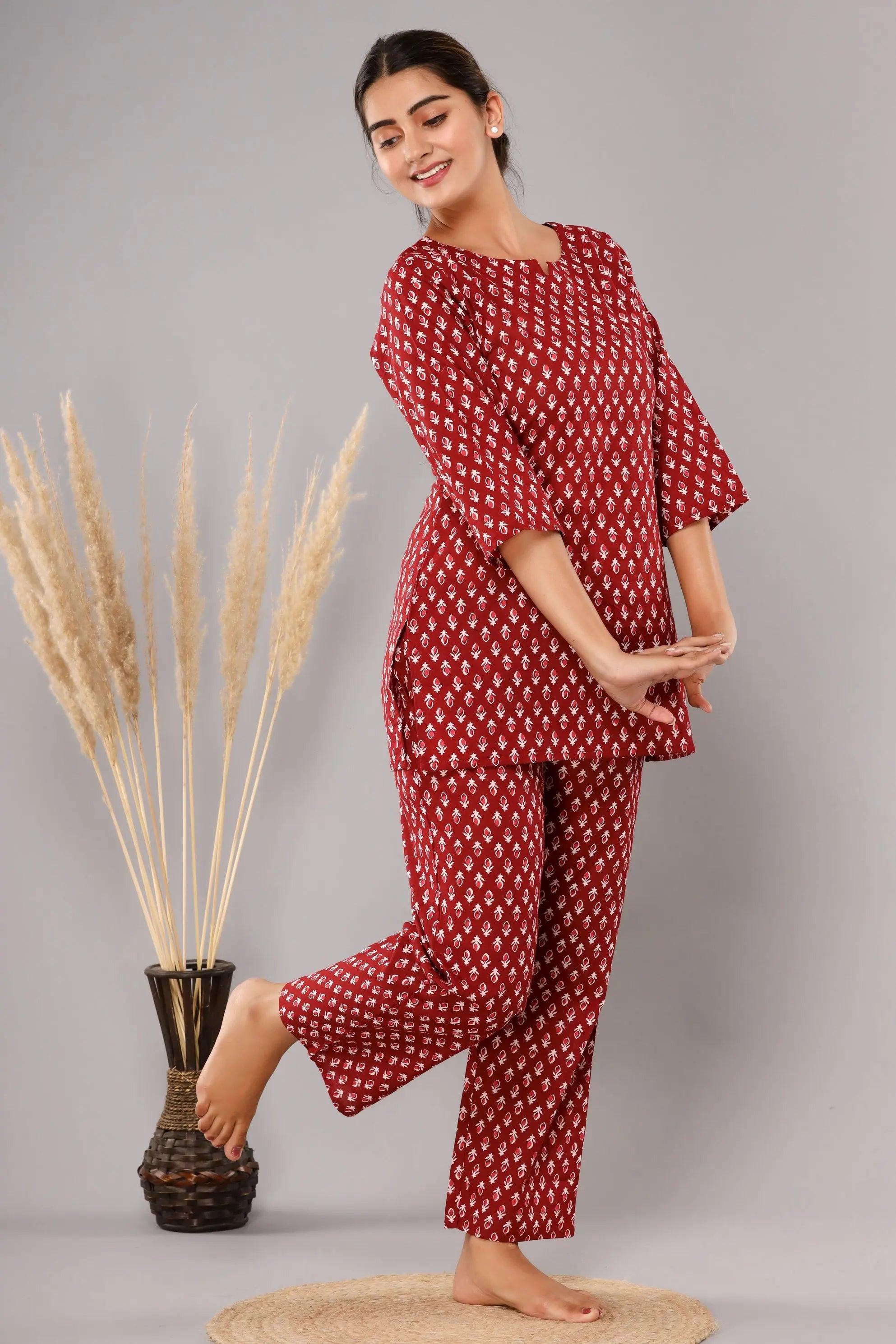 Women Maroon & White Printed Pure Cotton Co-Ord Set ROOPWATI FASHION
