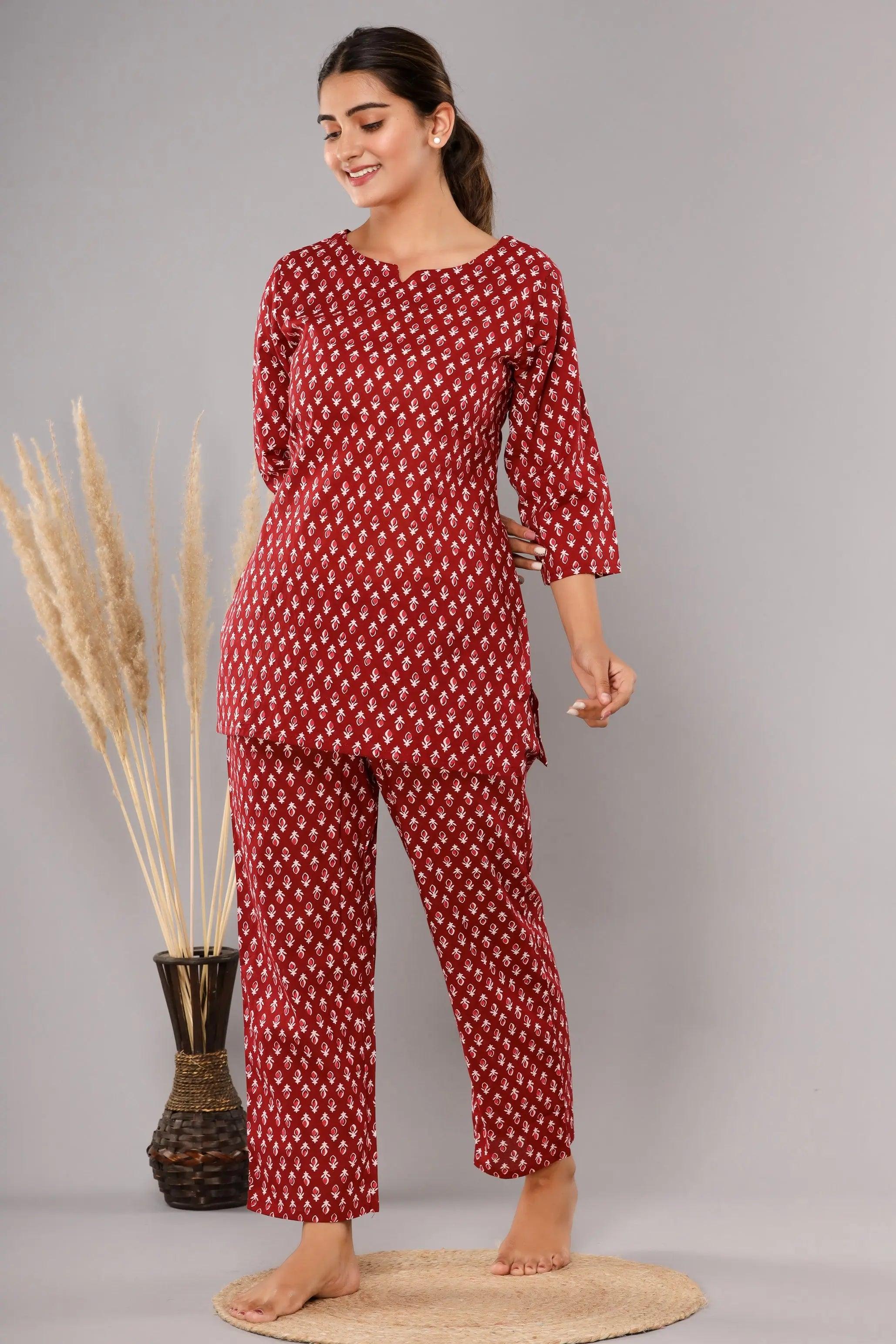 Women Maroon & White Printed Pure Cotton Co-Ord Set ROOPWATI FASHION