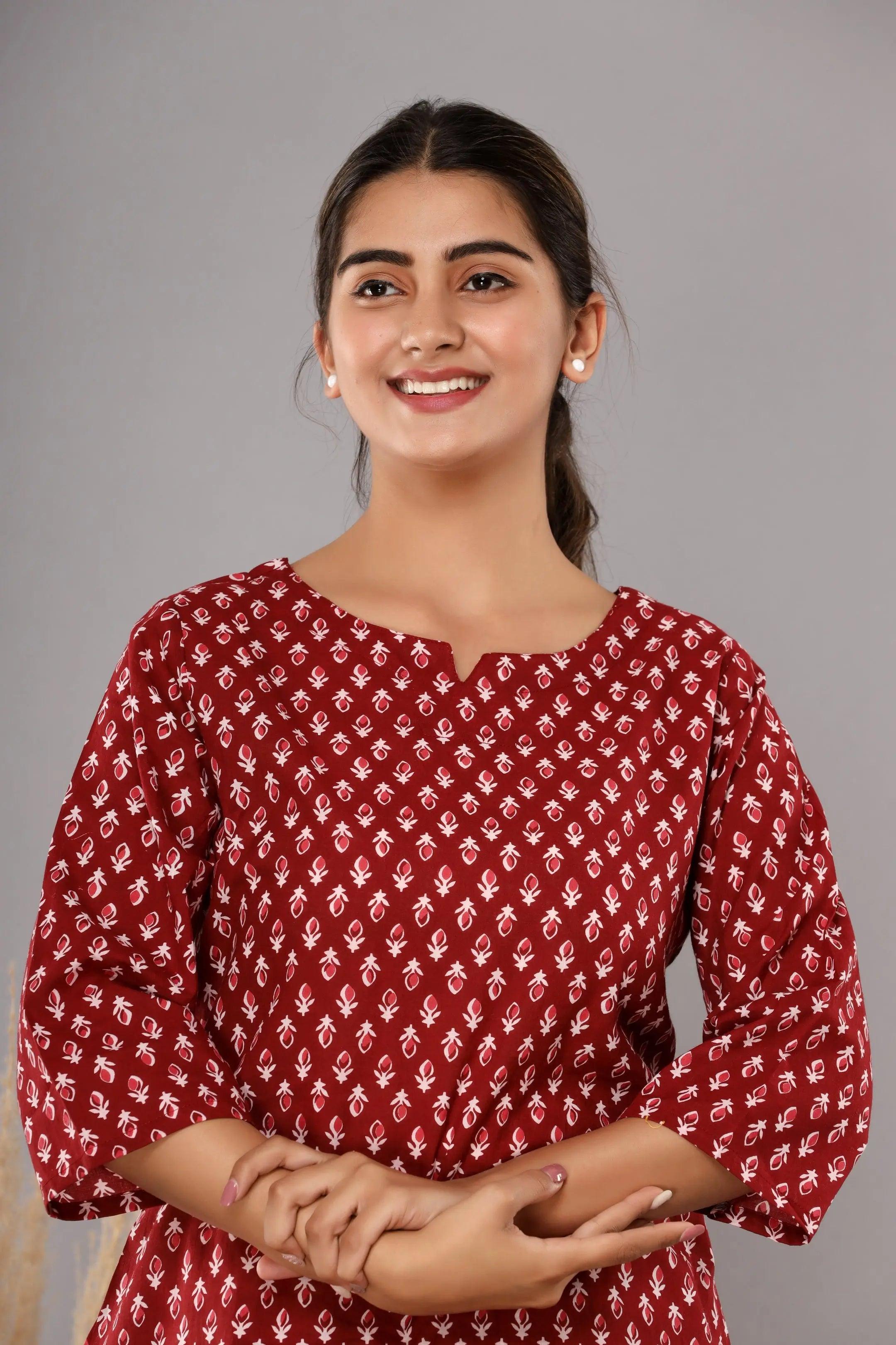 Women Maroon & White Printed Pure Cotton Co-Ord Set ROOPWATI FASHION