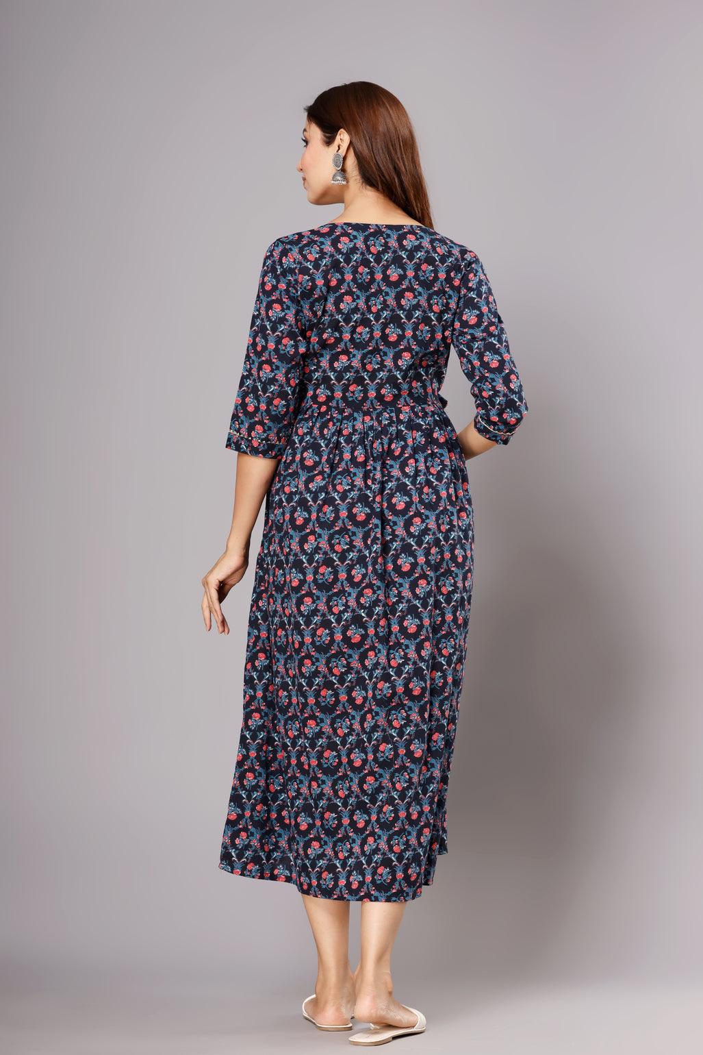 Ethnic Motifs Printed Cotton A-Line Maternity Ethnic Dress ROOPWATI FASHION