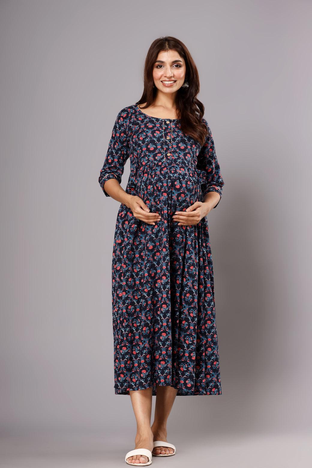 Ethnic Motifs Printed Cotton A-Line Maternity Ethnic Dress ROOPWATI FASHION