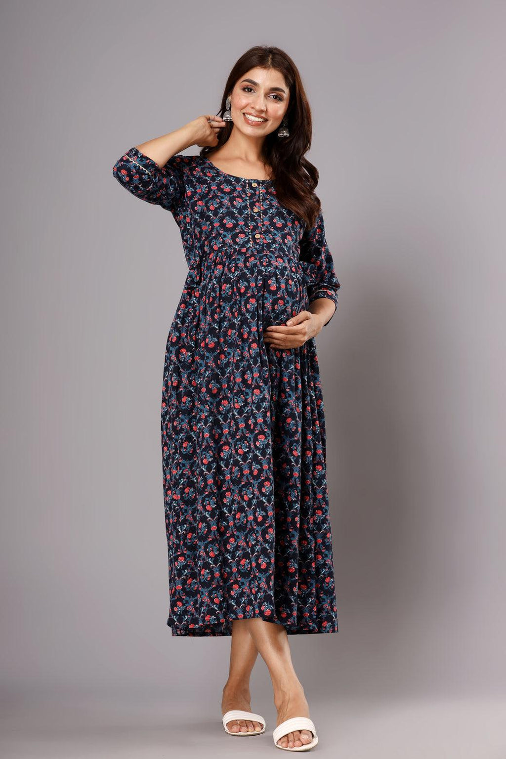Ethnic Motifs Printed Cotton A-Line Maternity Ethnic Dress ROOPWATI FASHION