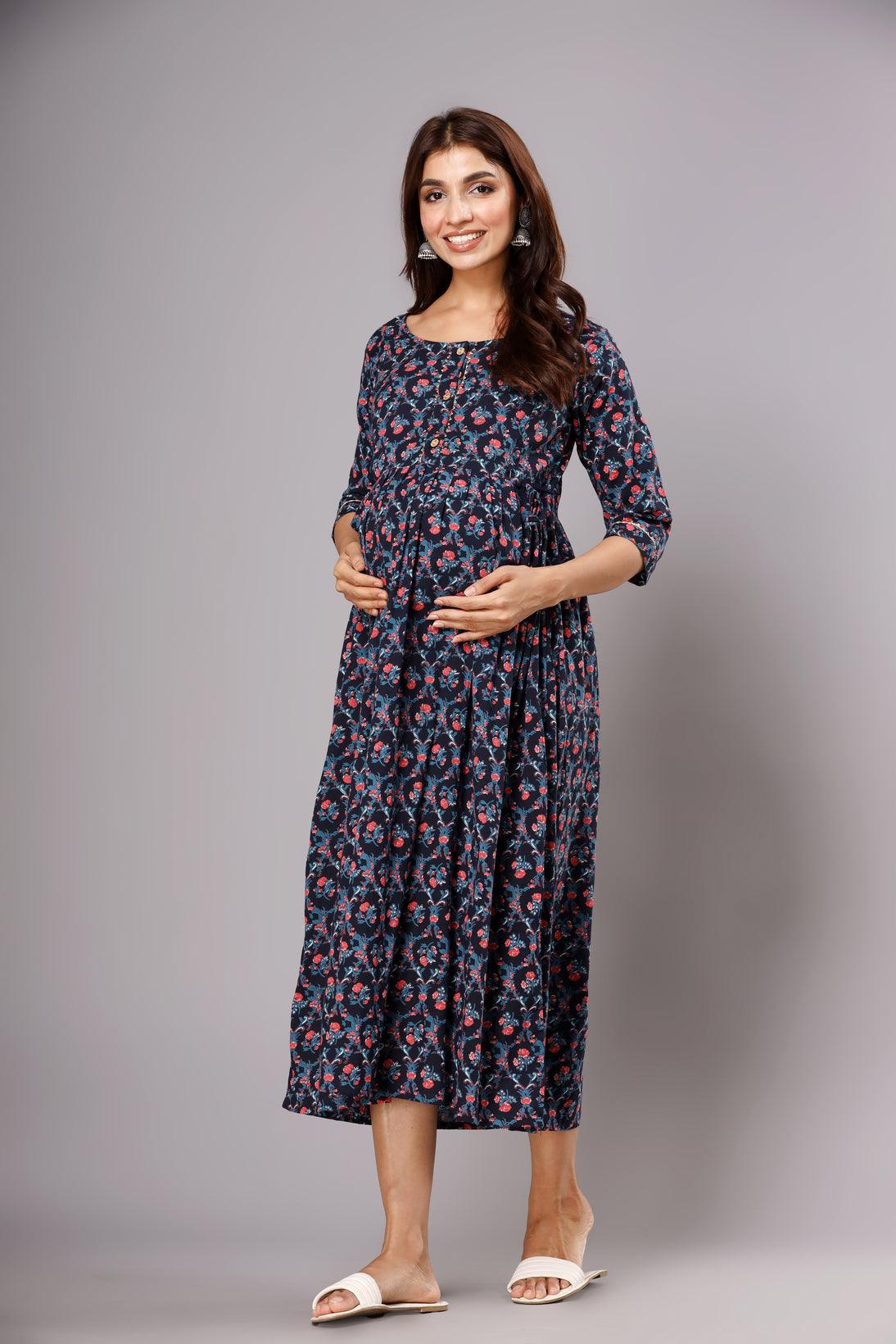 Ethnic Motifs Printed Cotton A-Line Maternity Ethnic Dress ROOPWATI FASHION