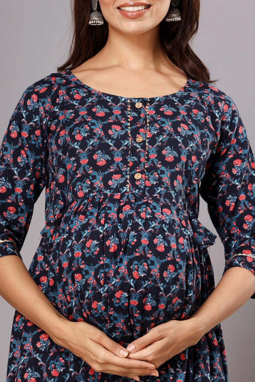 Ethnic Motifs Printed Cotton A-Line Maternity Ethnic Dress ROOPWATI FASHION