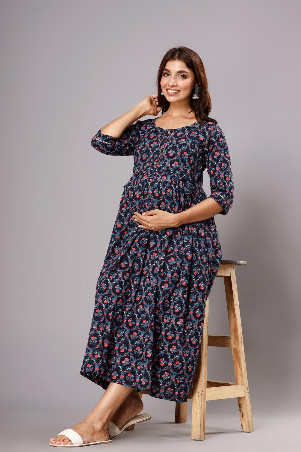 Ethnic Motifs Printed Cotton A-Line Maternity Ethnic Dress ROOPWATI FASHION