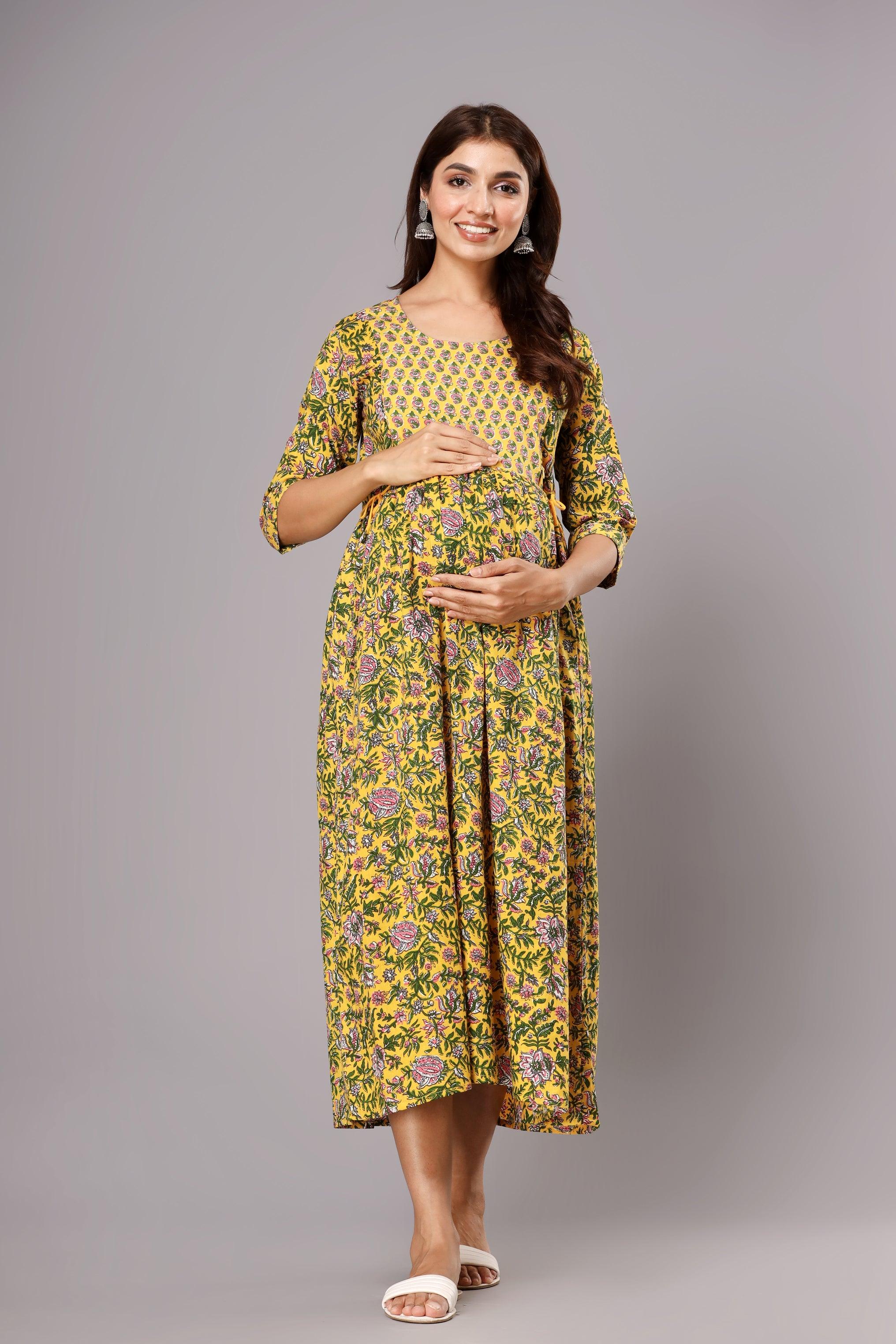 Floral Printed Cotton Maxi Fit And Flare Maternity Dresses ROOPWATI FASHION