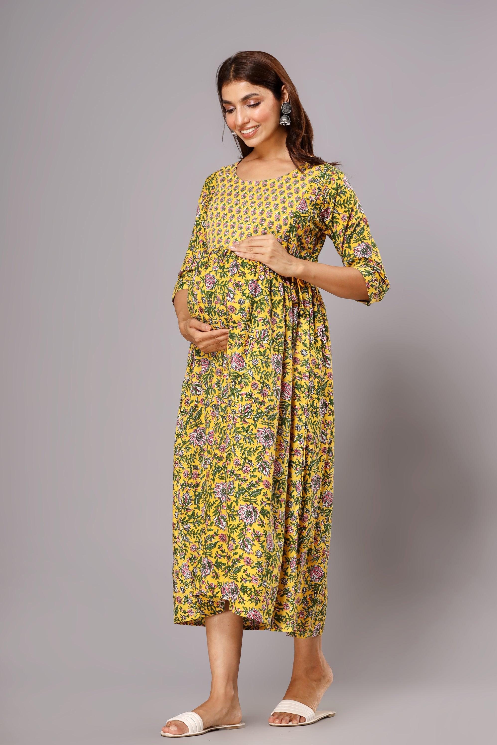 Floral Printed Cotton Maxi Fit And Flare Maternity Dresses ROOPWATI FASHION
