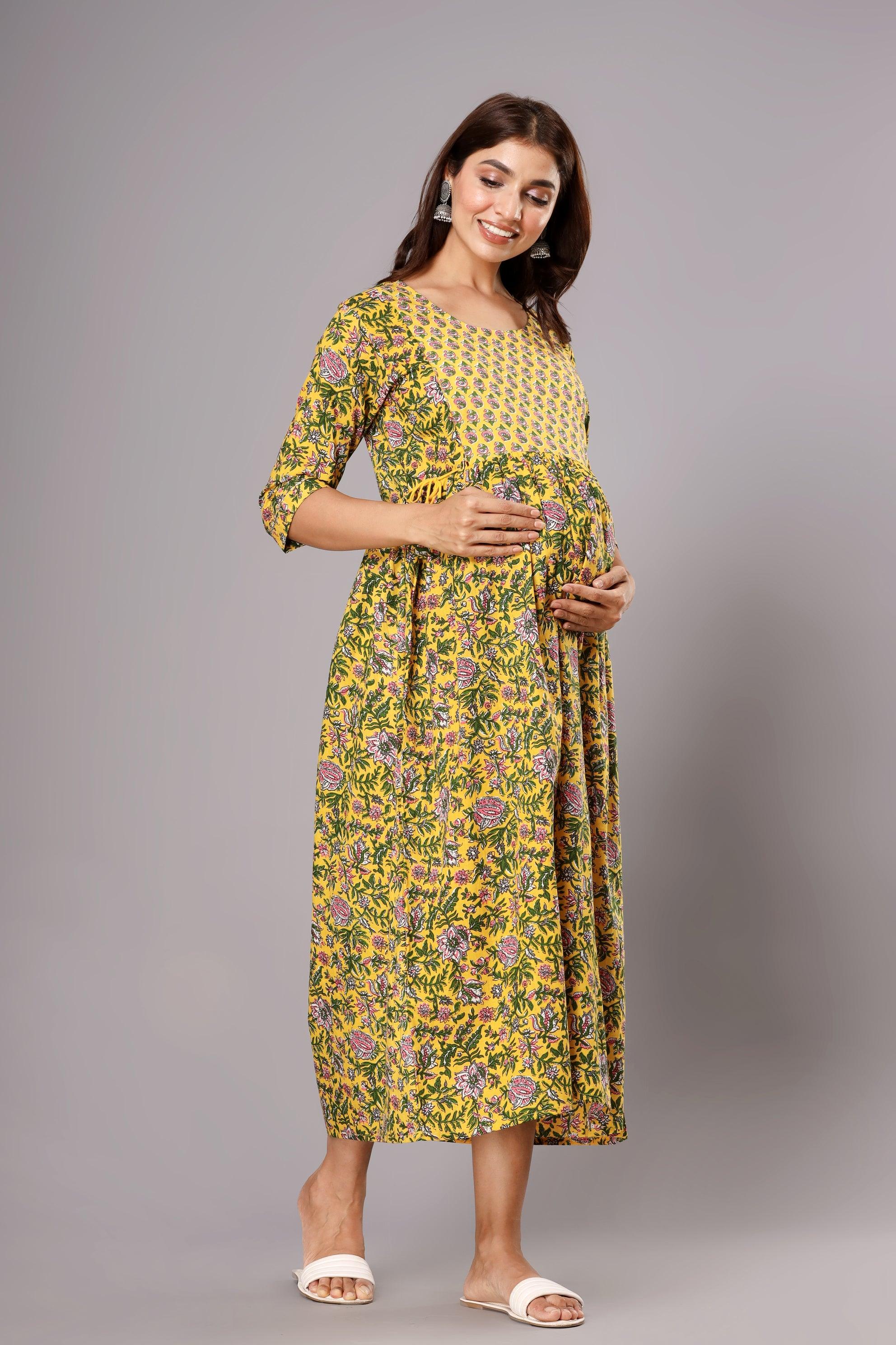 Floral Printed Cotton Maxi Fit And Flare Maternity Dresses ROOPWATI FASHION