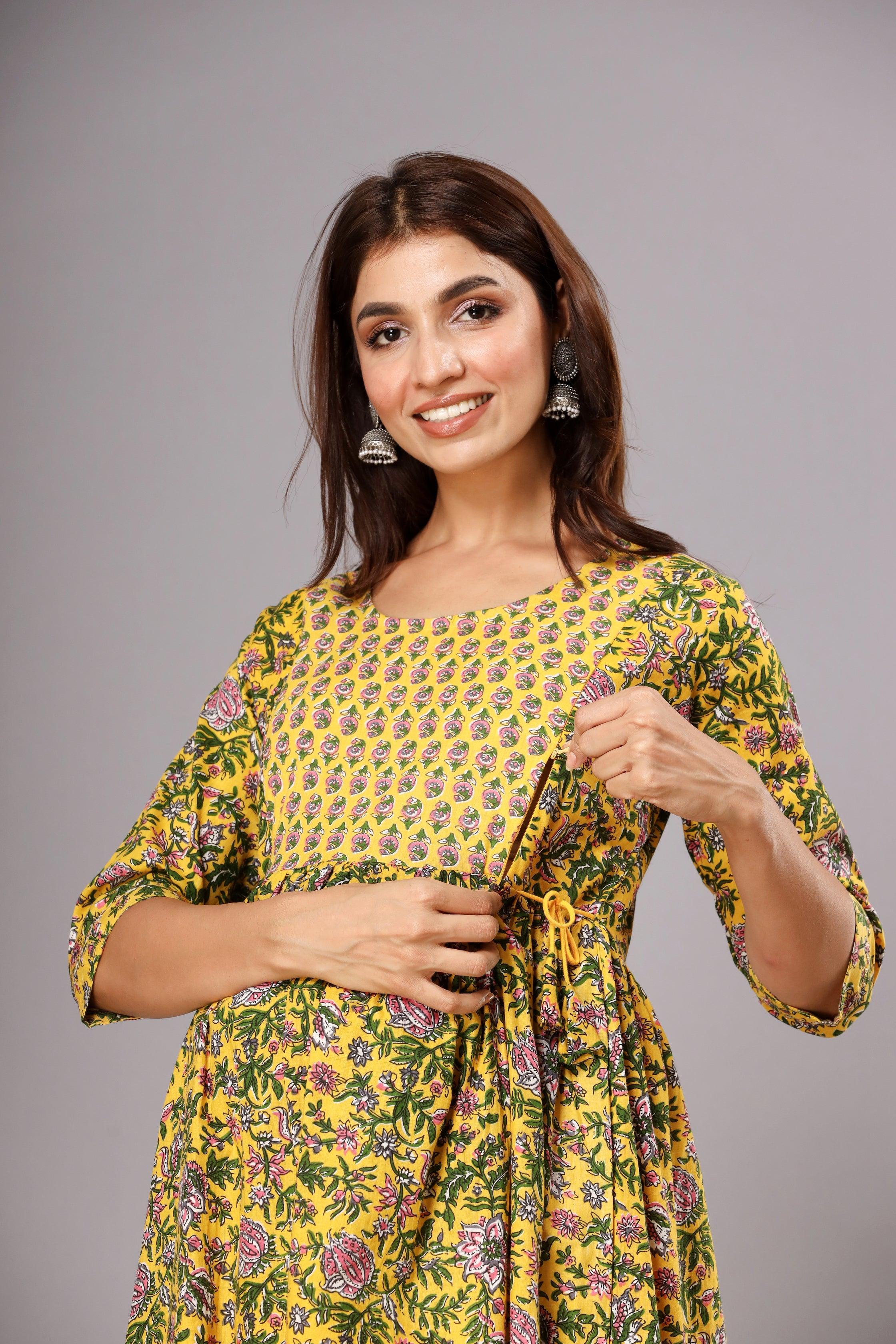 Floral Printed Cotton Maxi Fit And Flare Maternity Dresses ROOPWATI FASHION