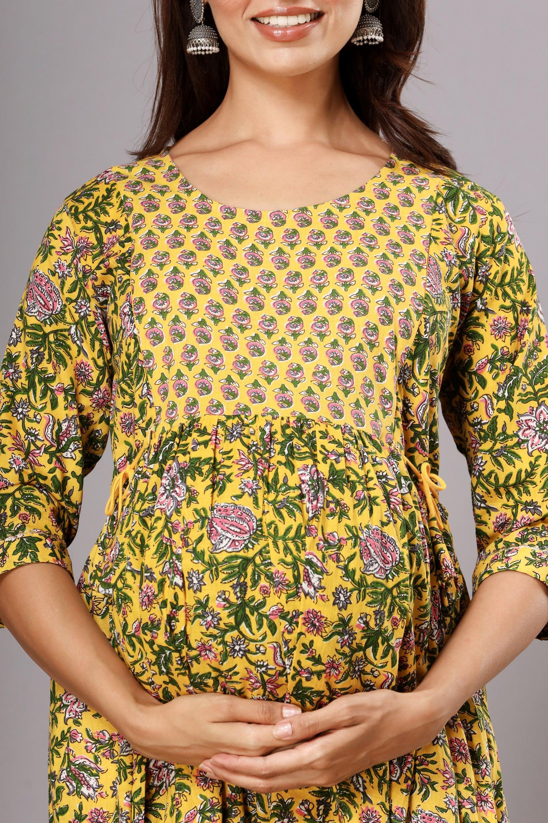 Floral Printed Cotton Maxi Fit And Flare Maternity Dresses ROOPWATI FASHION
