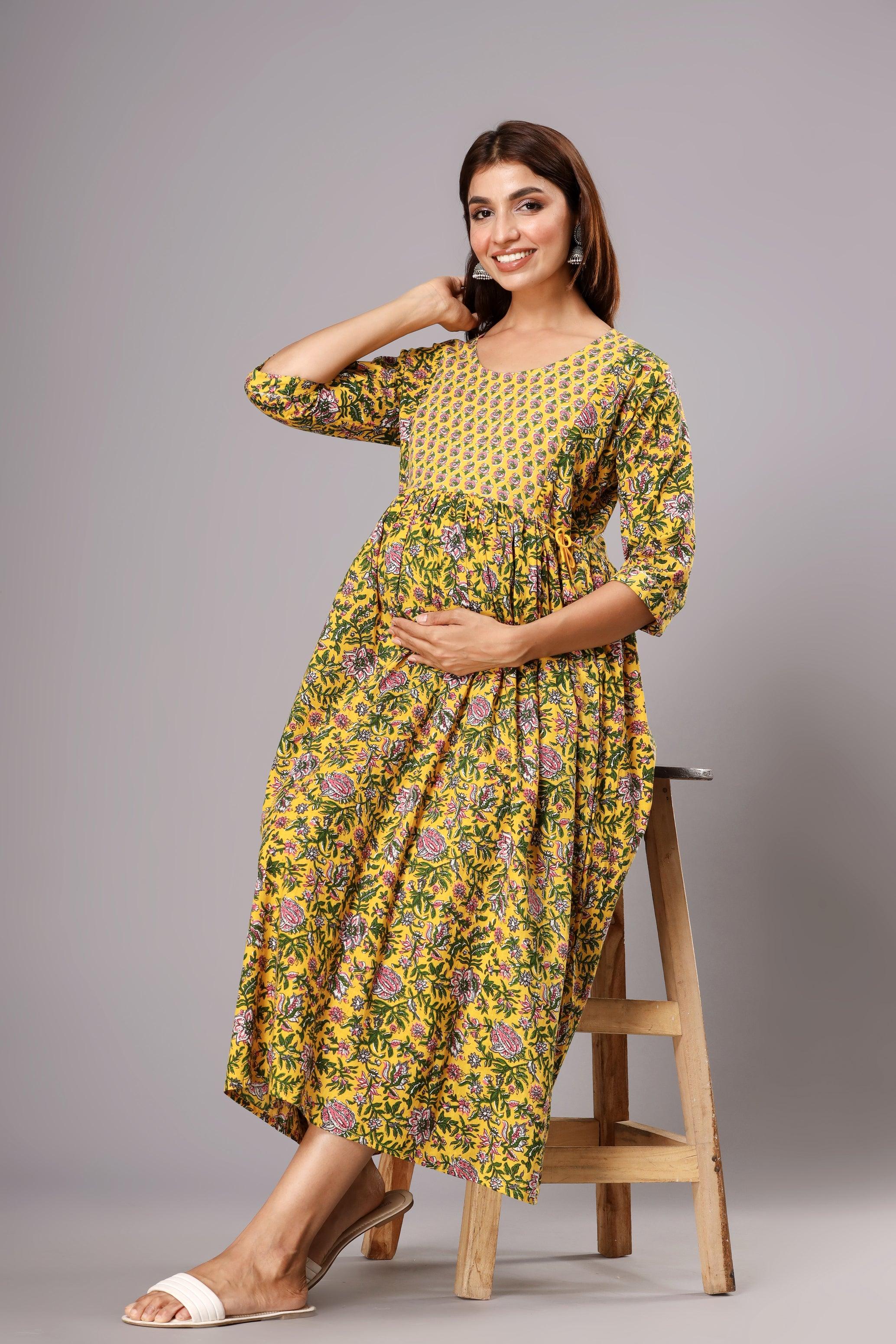 Floral Printed Cotton Maxi Fit And Flare Maternity Dresses ROOPWATI FASHION
