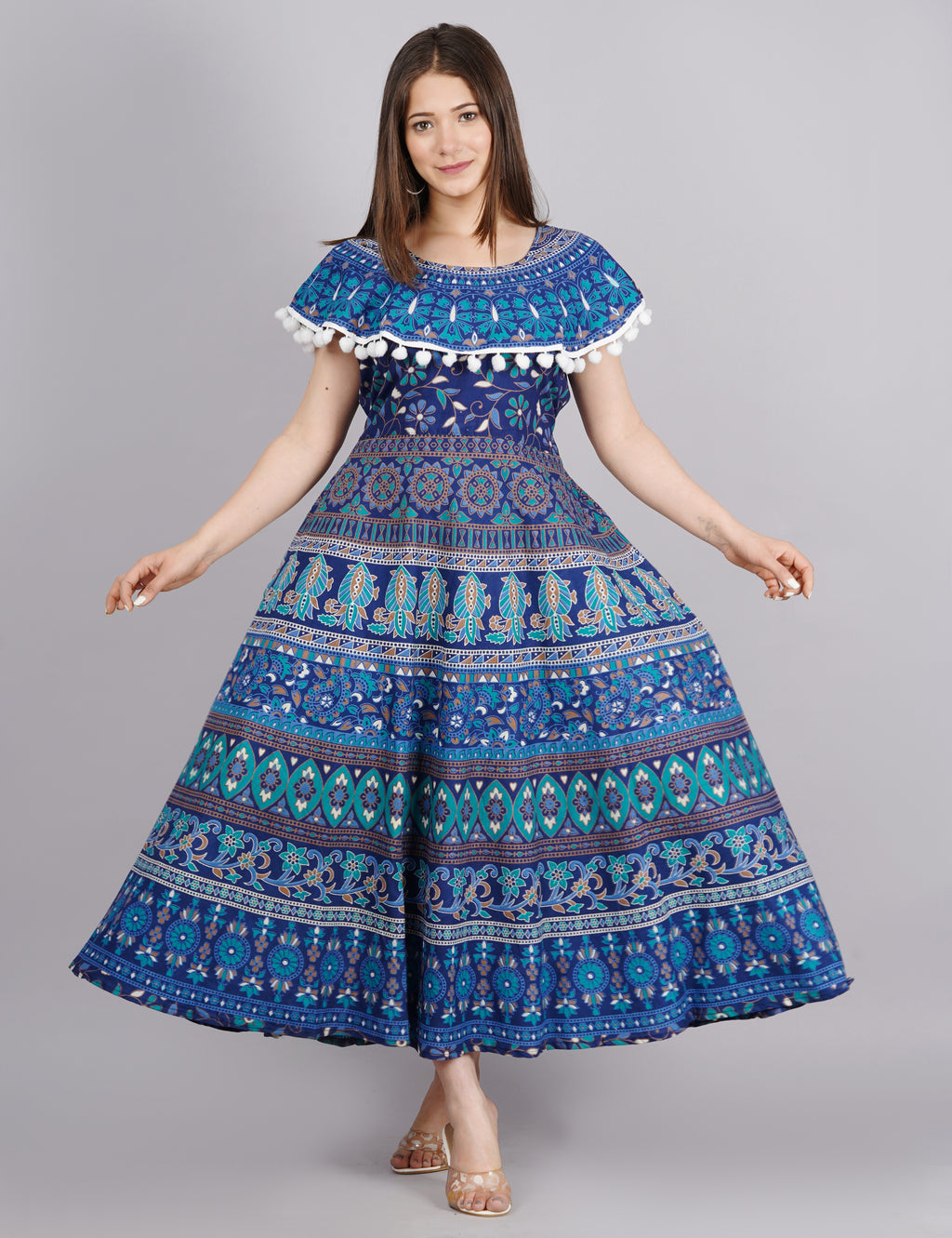 Women’s Navy Blue Ethnic Printed Midi Dress – Flared A-Line Fit with Pom-Pom Detailing