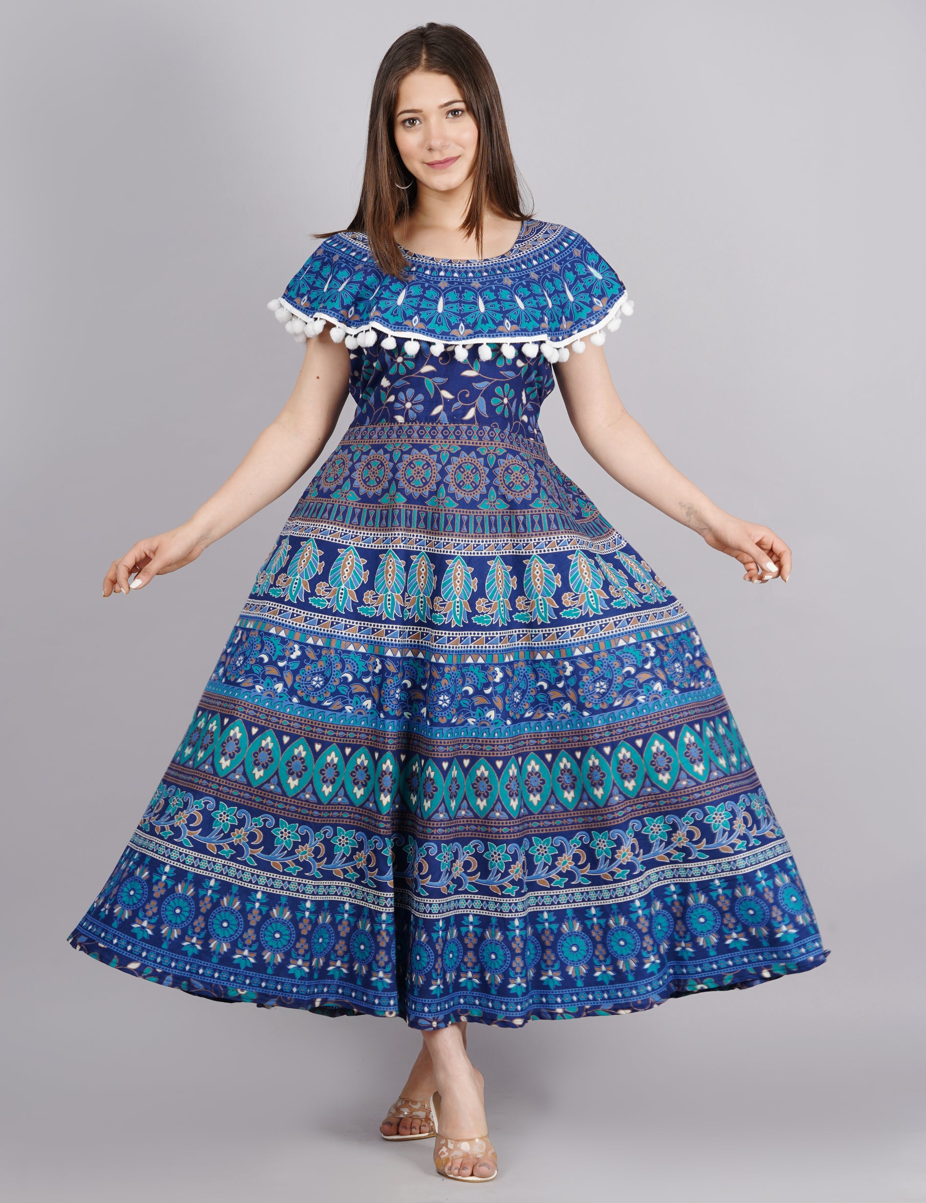 Women’s Navy Blue Ethnic Printed Midi Dress – Flared A-Line Fit with Pom-Pom Detailing