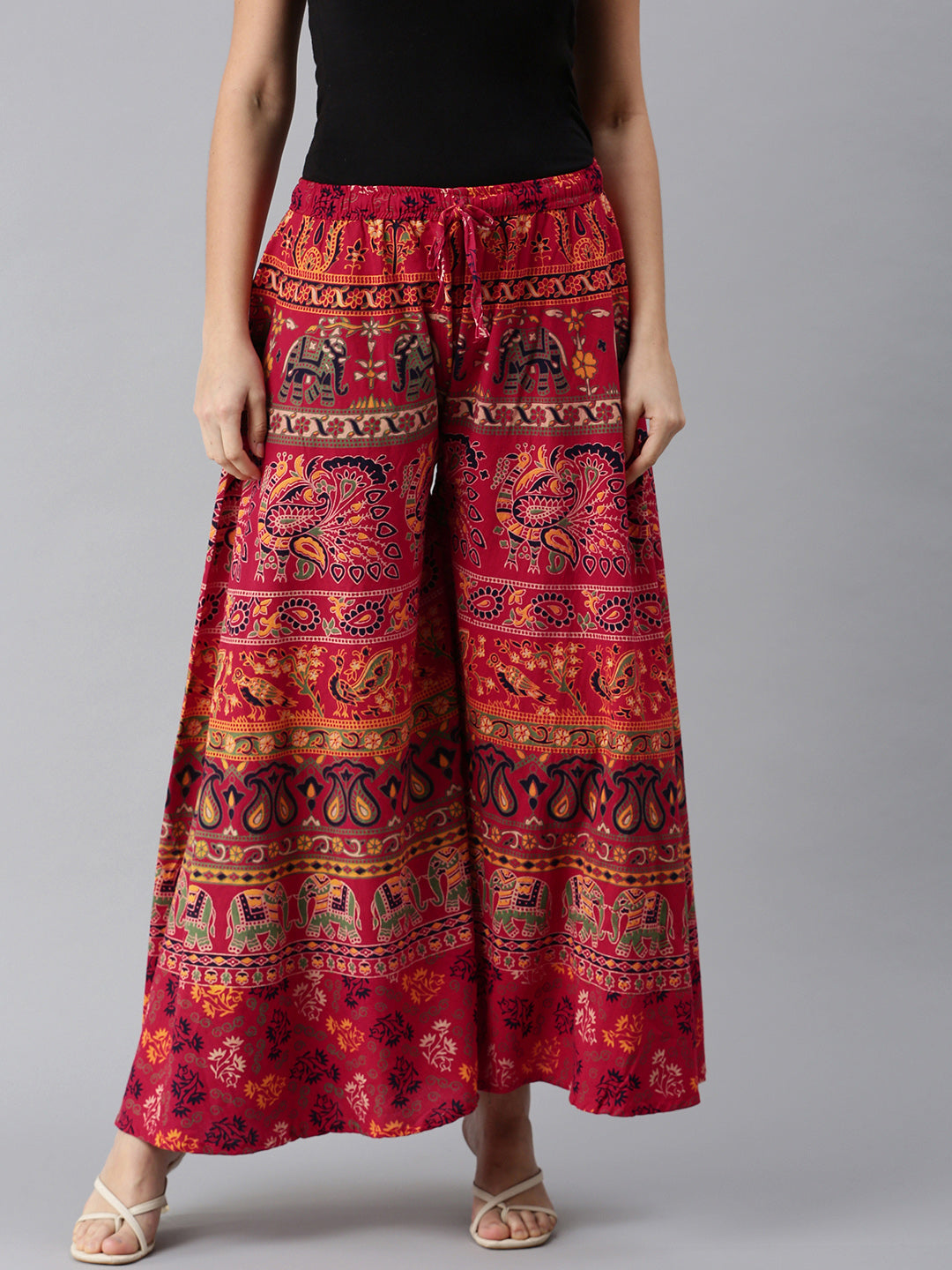 Women Red & White Ethnic Motifs Print Flared Palazzos ROOPWATI FASHION