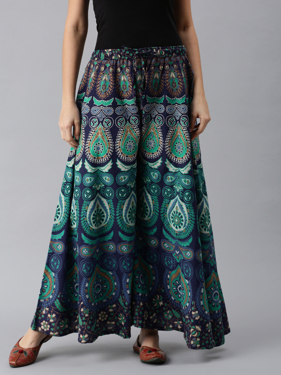 Women Green & Navy Blue Ethnic Motifs Print Flared Palazzos ROOPWATI FASHION