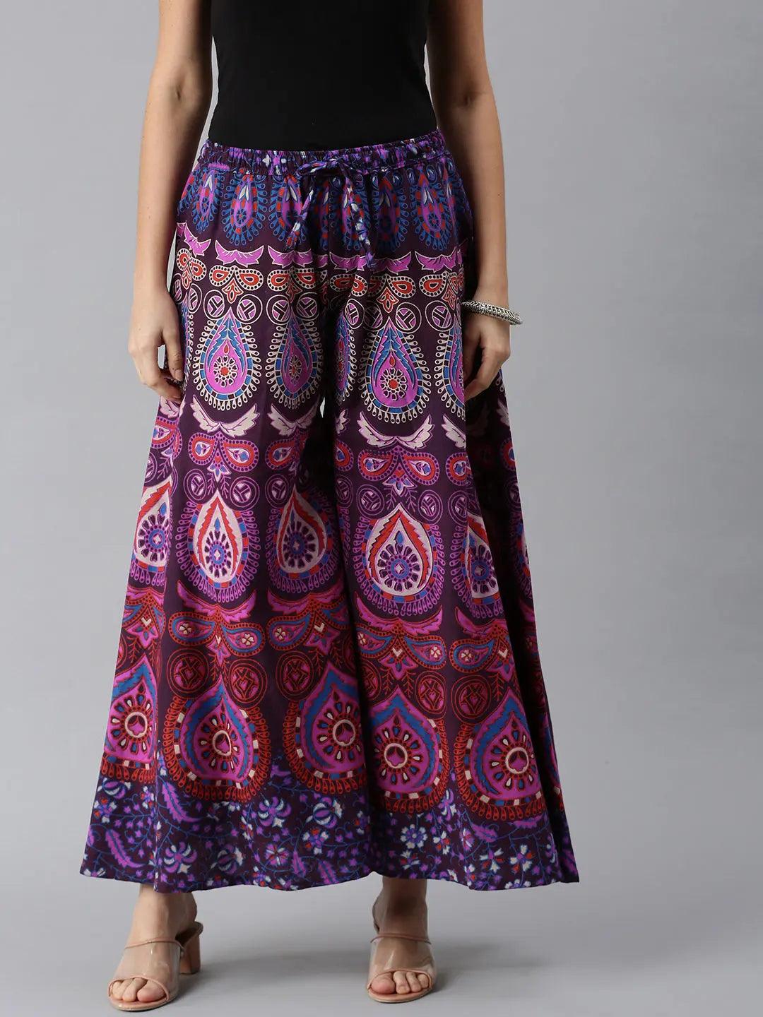 Women Purple Ethnic Motifs Rajasthani Print Flared Palazzos ROOPWATI FASHION