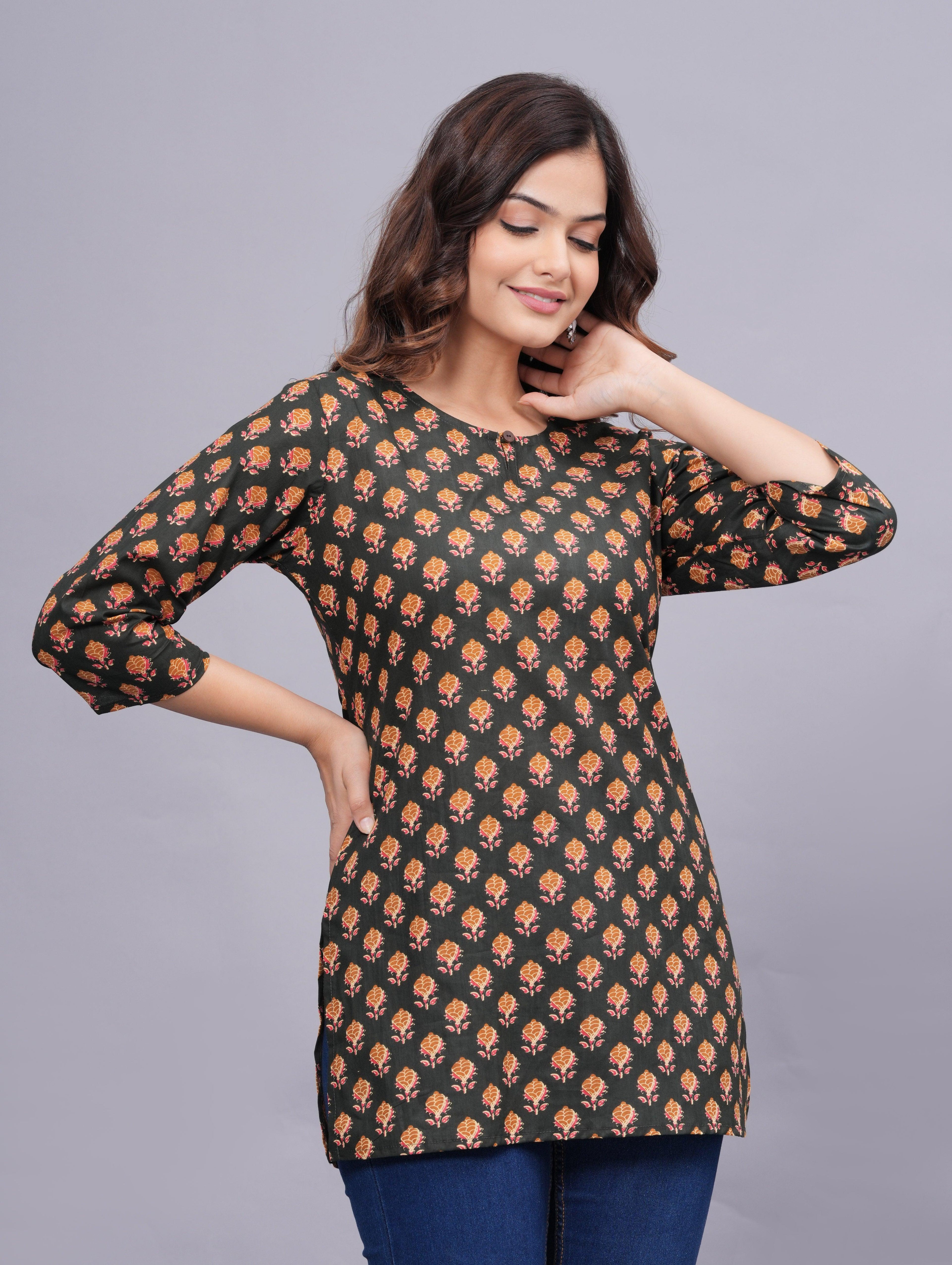 Floral Printed Keyhole Neck Pure Cotton Kurti ROOPWATI FASHION