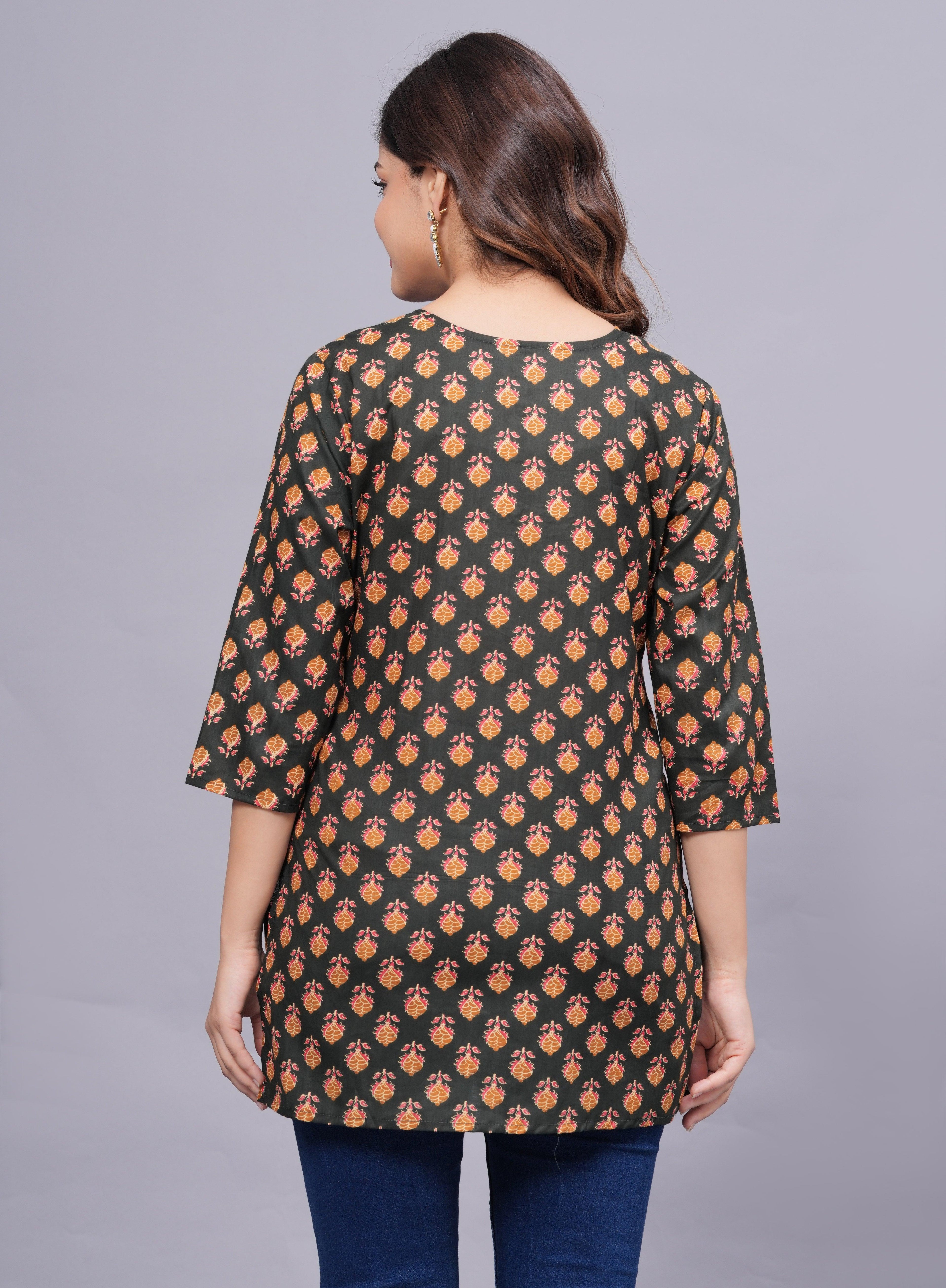 Floral Printed Keyhole Neck Pure Cotton Kurti ROOPWATI FASHION