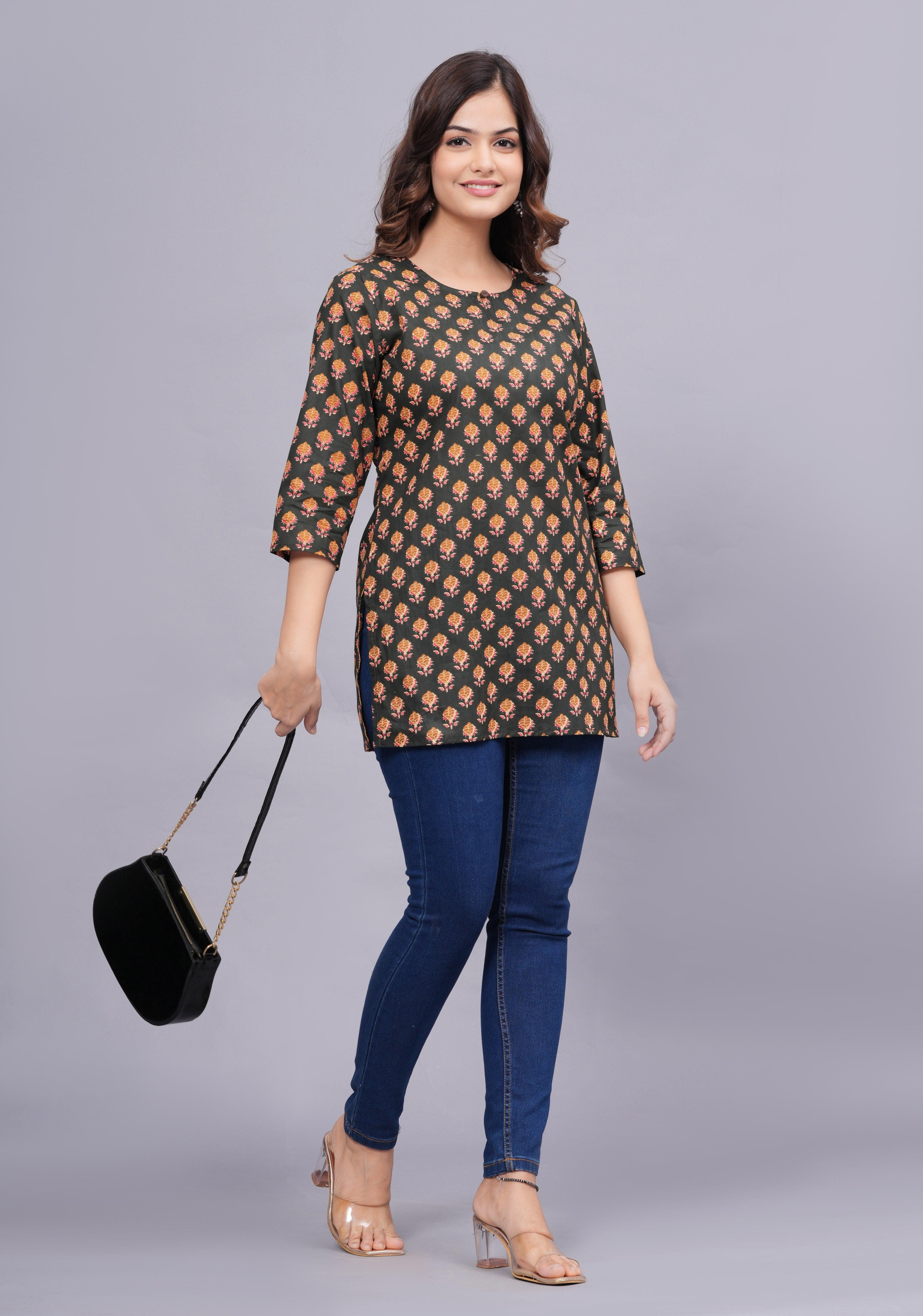Floral Printed Keyhole Neck Pure Cotton Kurti ROOPWATI FASHION