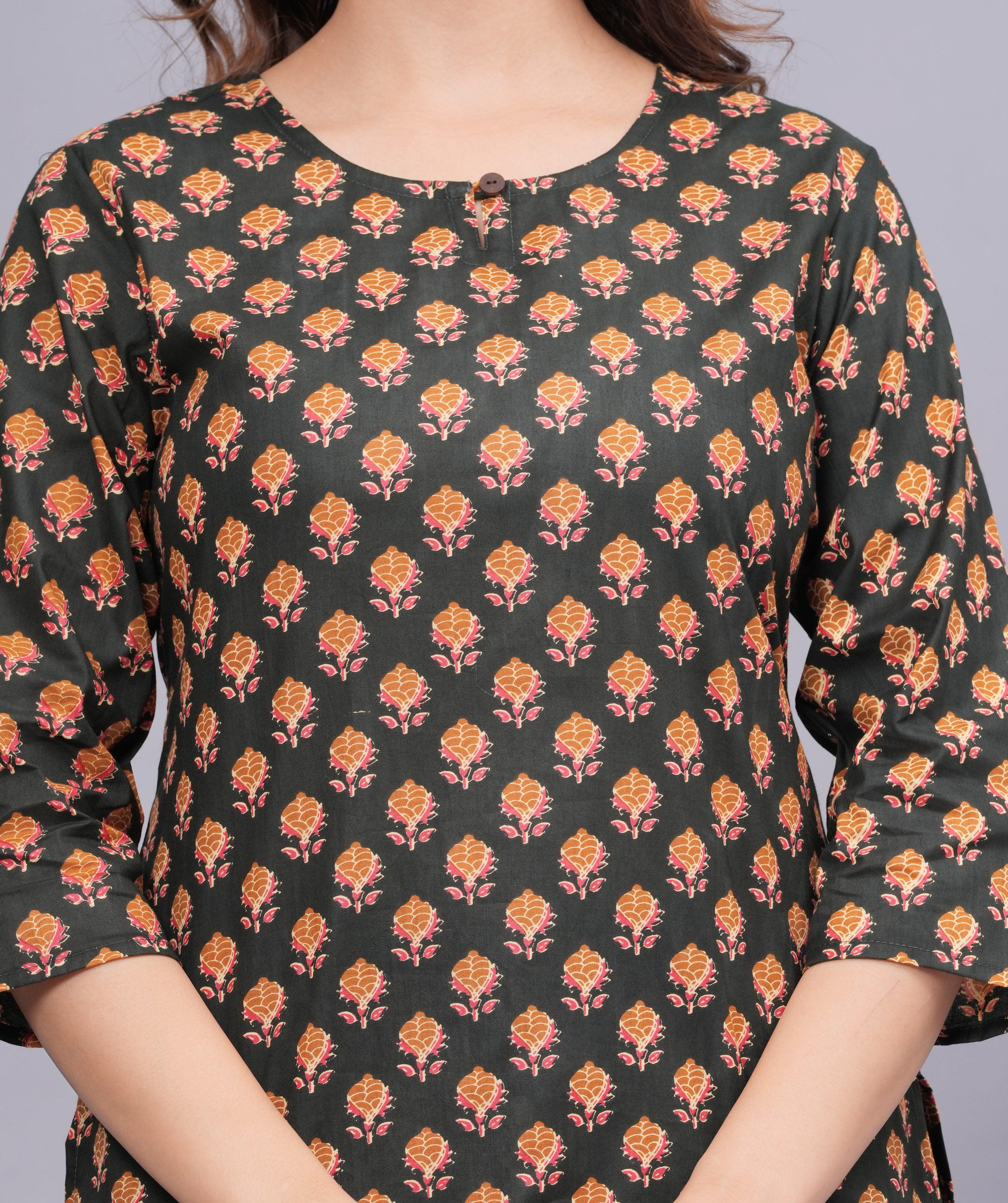 Floral Printed Keyhole Neck Pure Cotton Kurti ROOPWATI FASHION