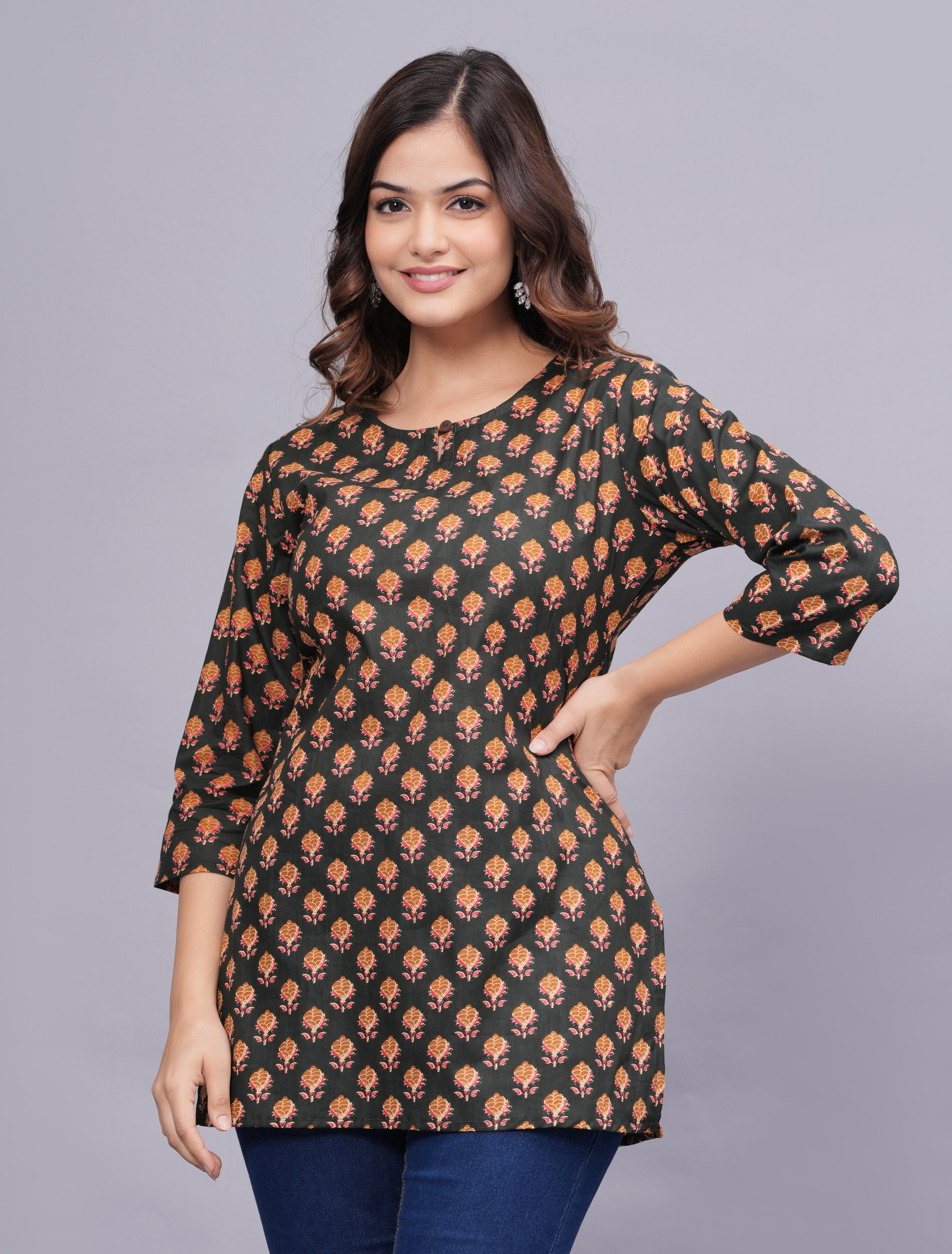 Floral Printed Keyhole Neck Pure Cotton Kurti ROOPWATI FASHION