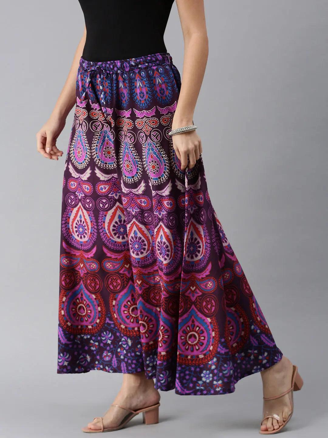 Women Purple Ethnic Motifs Rajasthani Print Flared Palazzos ROOPWATI FASHION