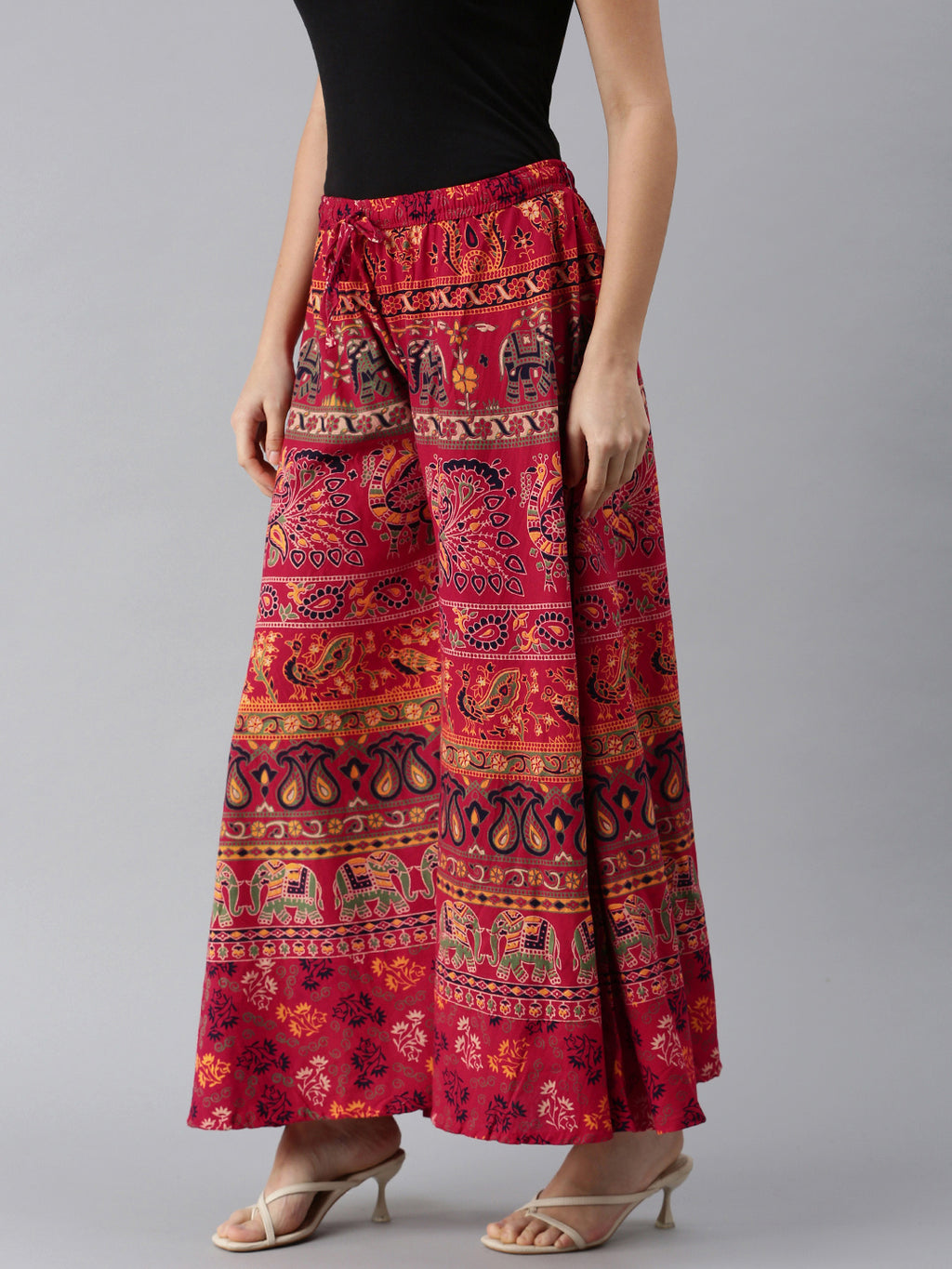 Women Red & White Ethnic Motifs Print Flared Palazzos ROOPWATI FASHION