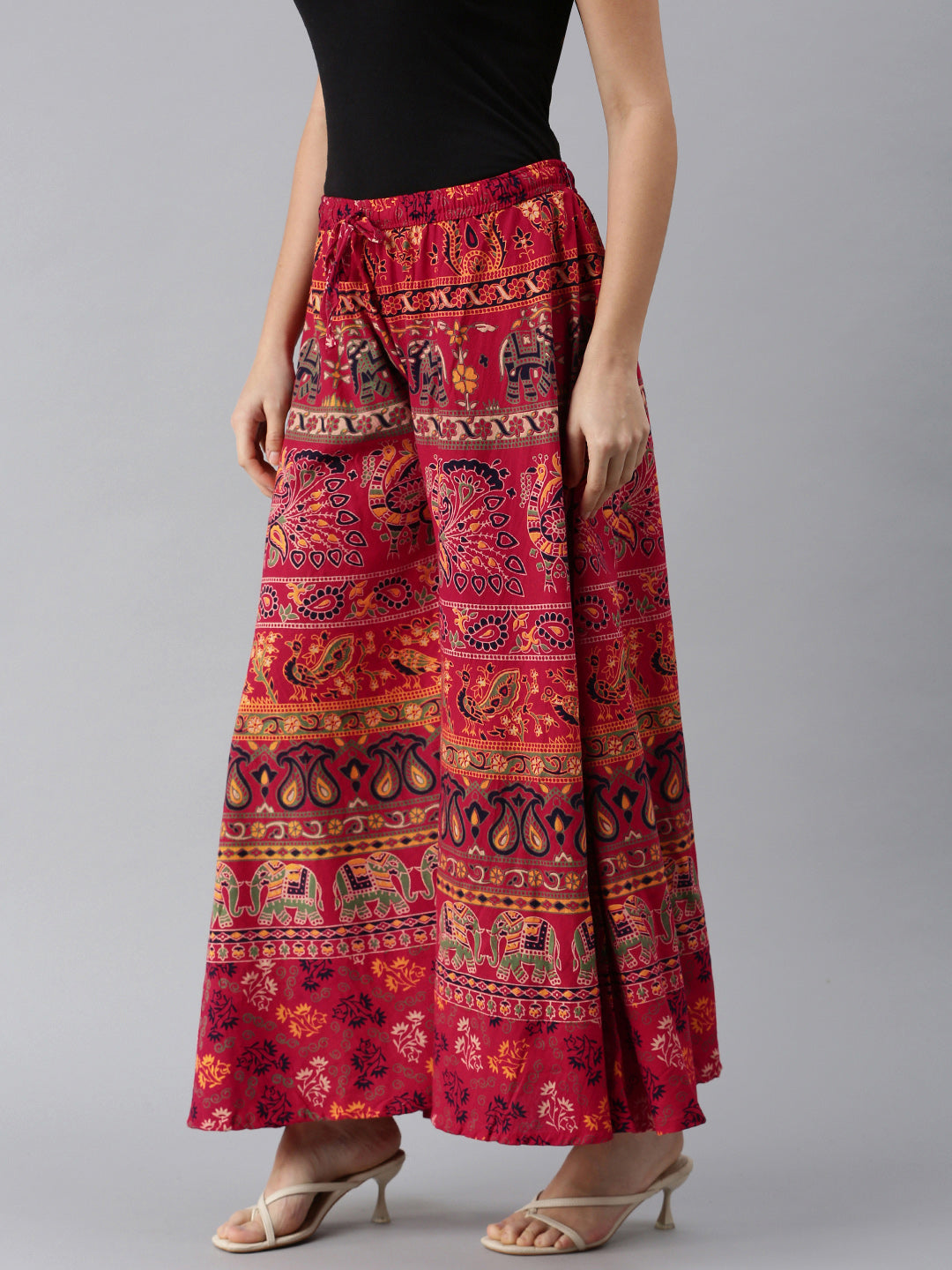 Women Red & White Ethnic Motifs Print Flared Palazzos ROOPWATI FASHION