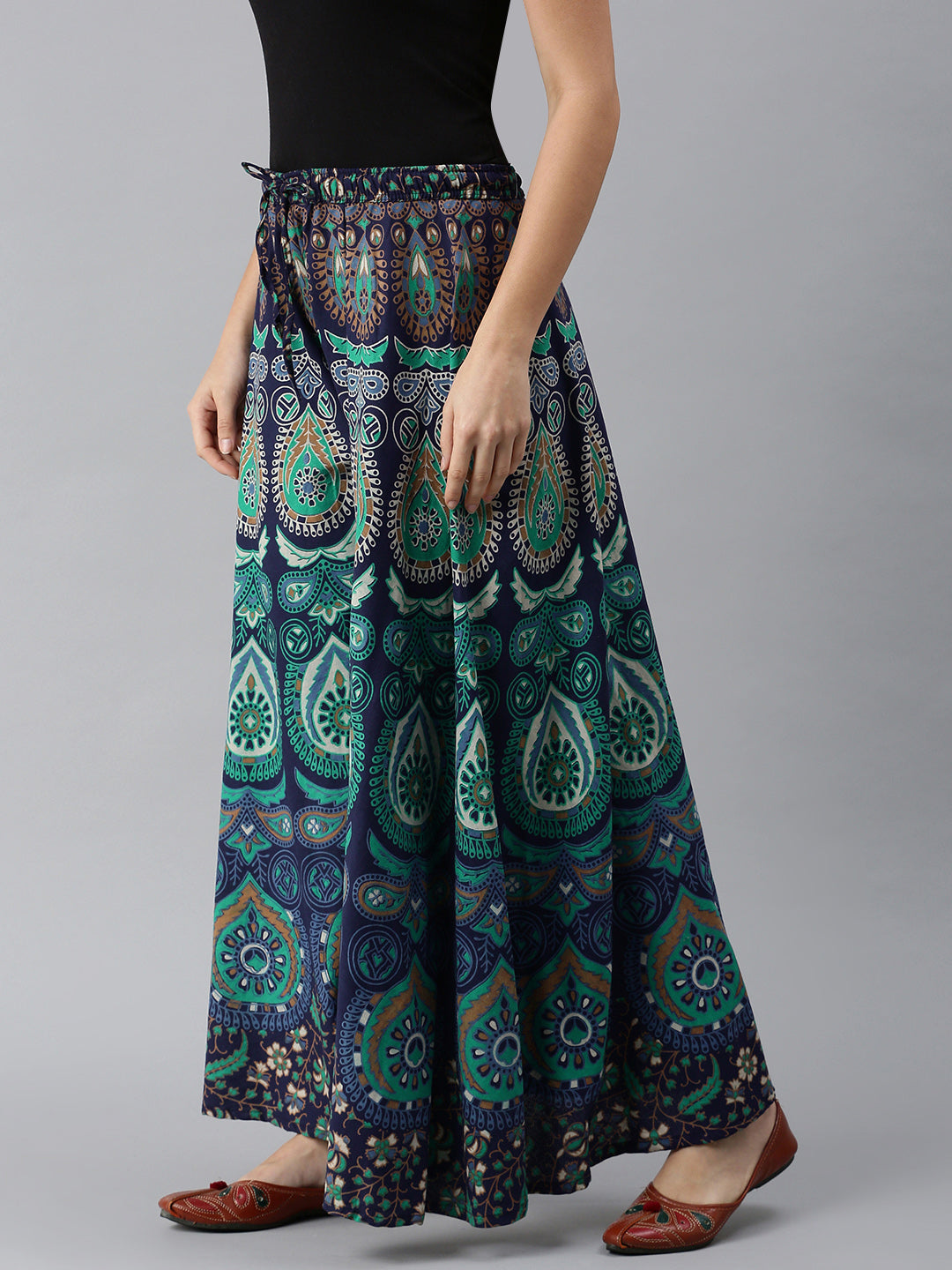 Women Green & Navy Blue Ethnic Motifs Print Flared Palazzos ROOPWATI FASHION