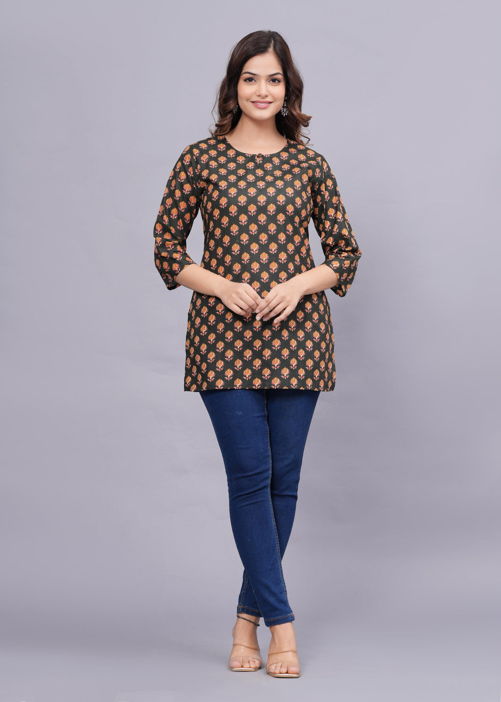 Floral Printed Keyhole Neck Pure Cotton Kurti ROOPWATI FASHION