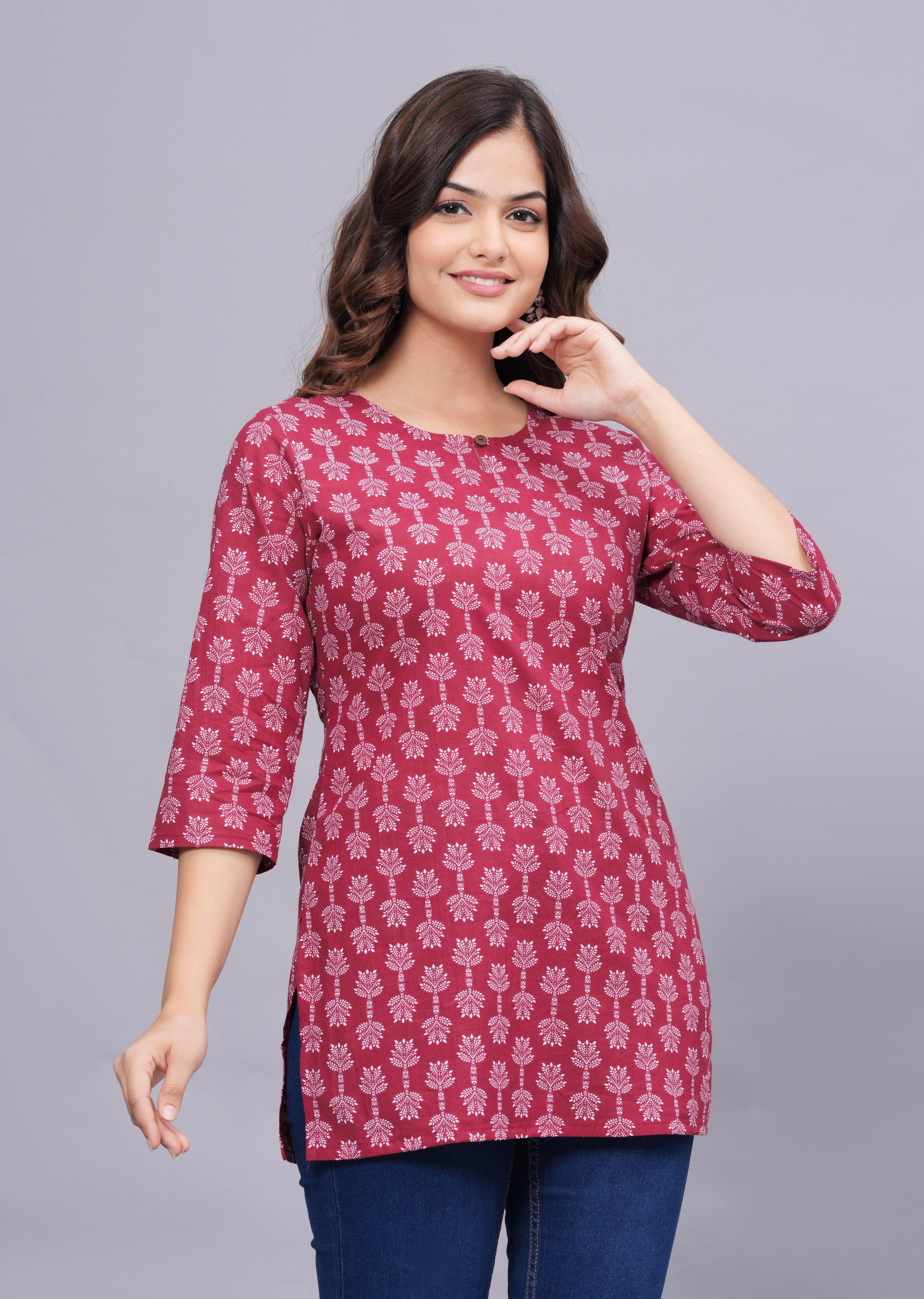 Floral Kalamkari Printed Keyhole Neck Pure Cotton Kurti ROOPWATI FASHION