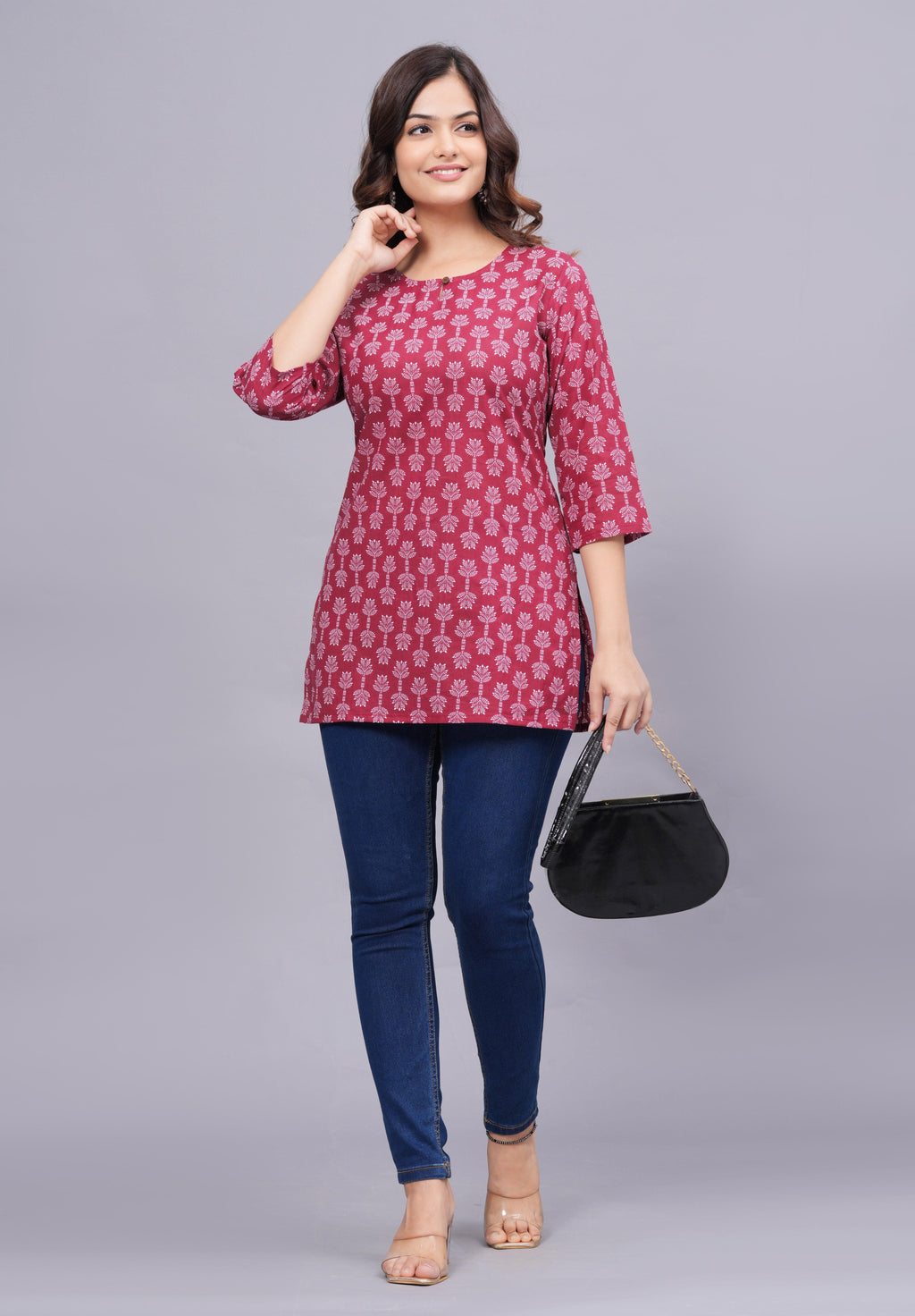 Floral Kalamkari Printed Keyhole Neck Pure Cotton Kurti ROOPWATI FASHION