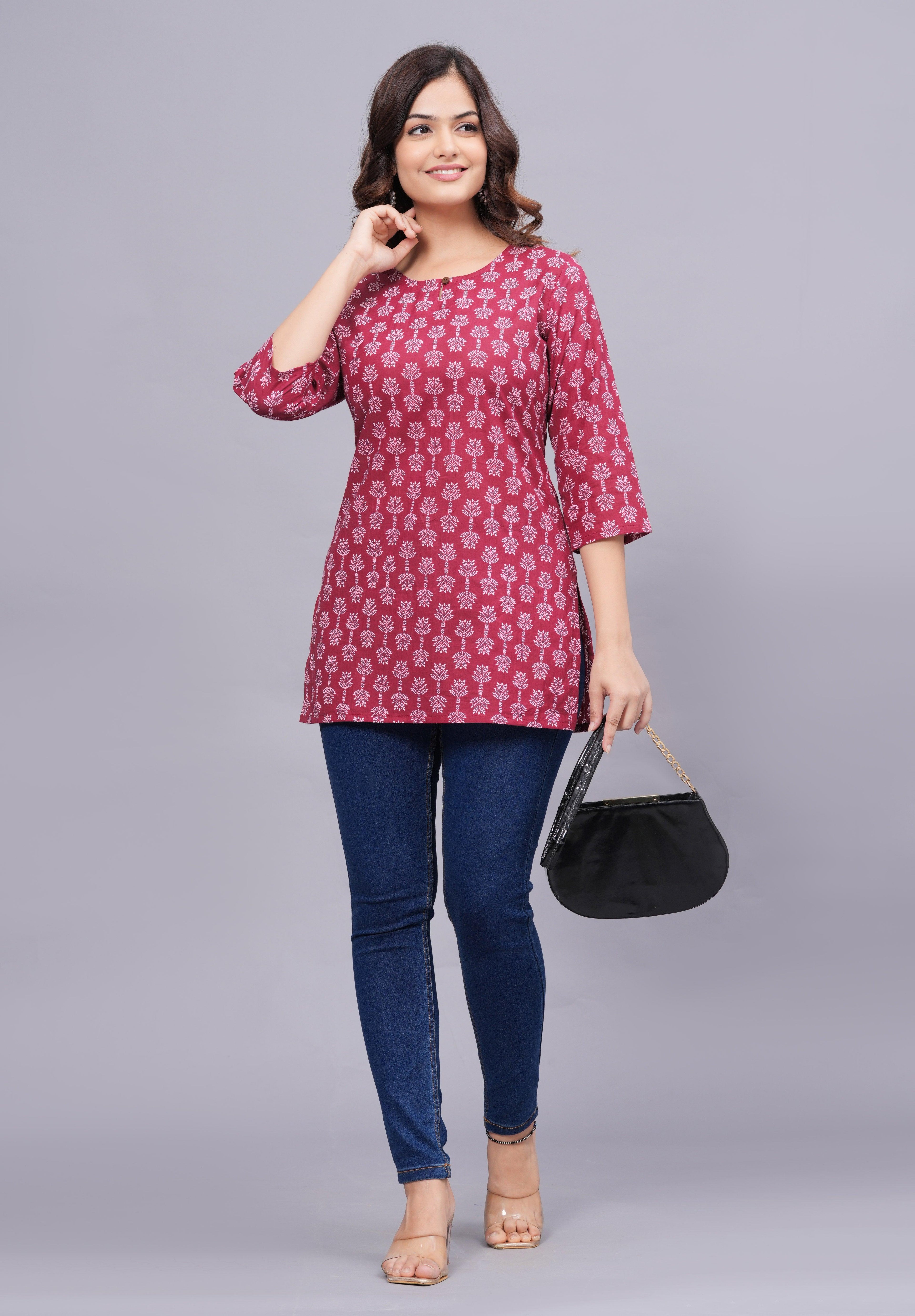 Floral Kalamkari Printed Keyhole Neck Pure Cotton Kurti ROOPWATI FASHION