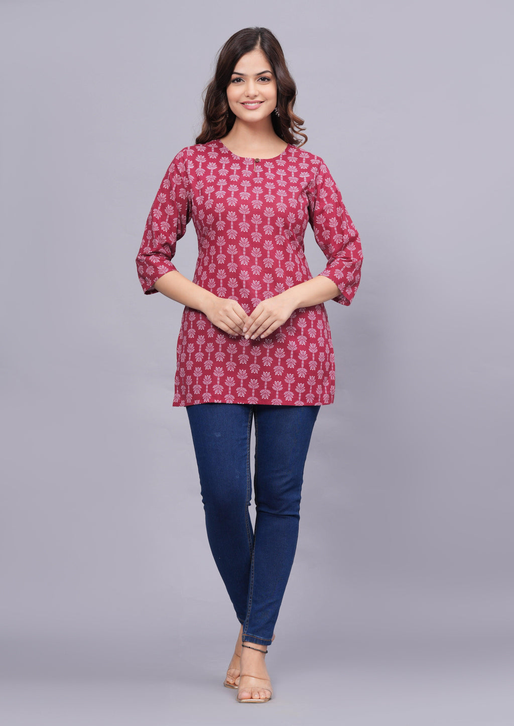 Floral Kalamkari Printed Keyhole Neck Pure Cotton Kurti ROOPWATI FASHION