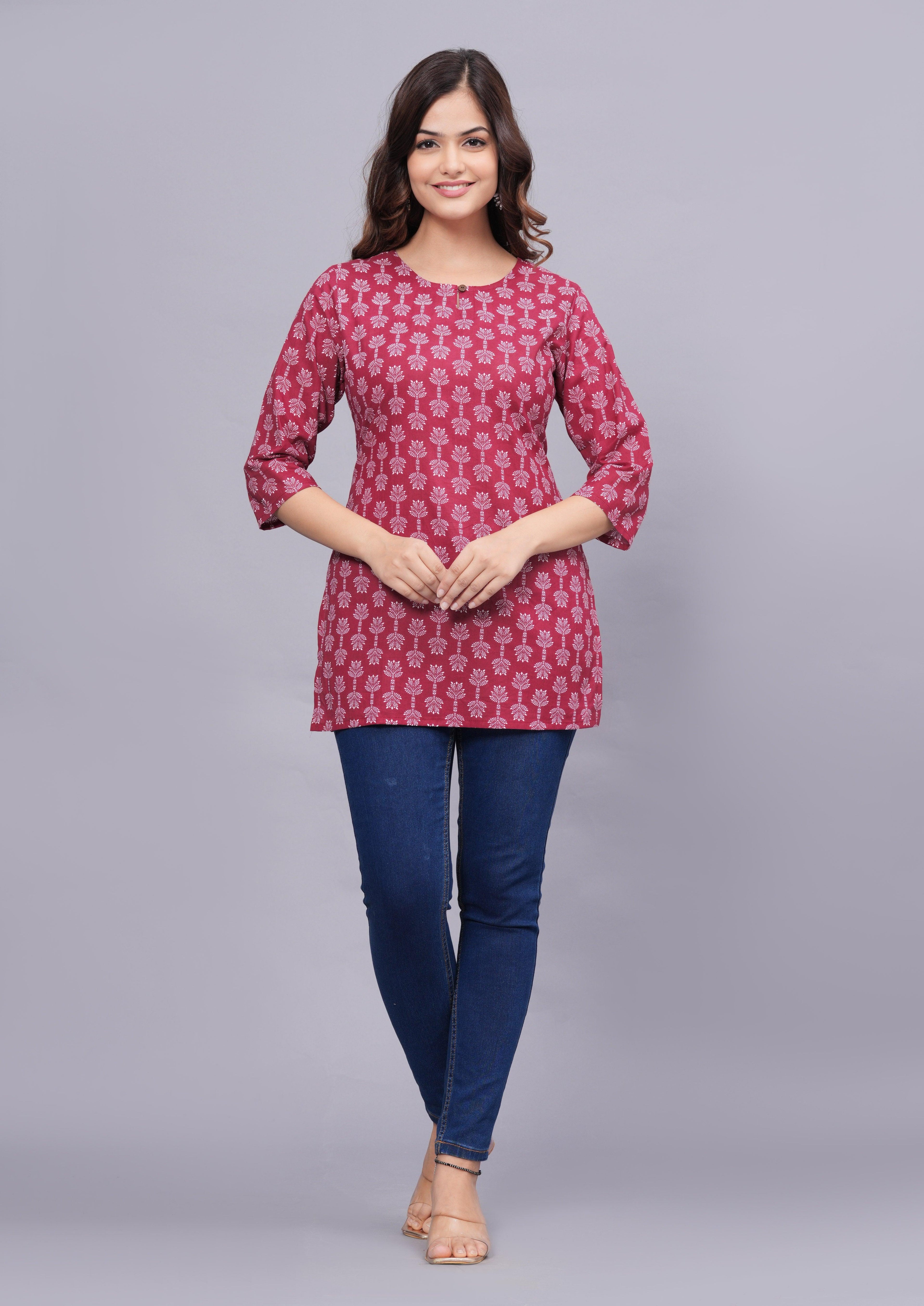 Floral Kalamkari Printed Keyhole Neck Pure Cotton Kurti ROOPWATI FASHION