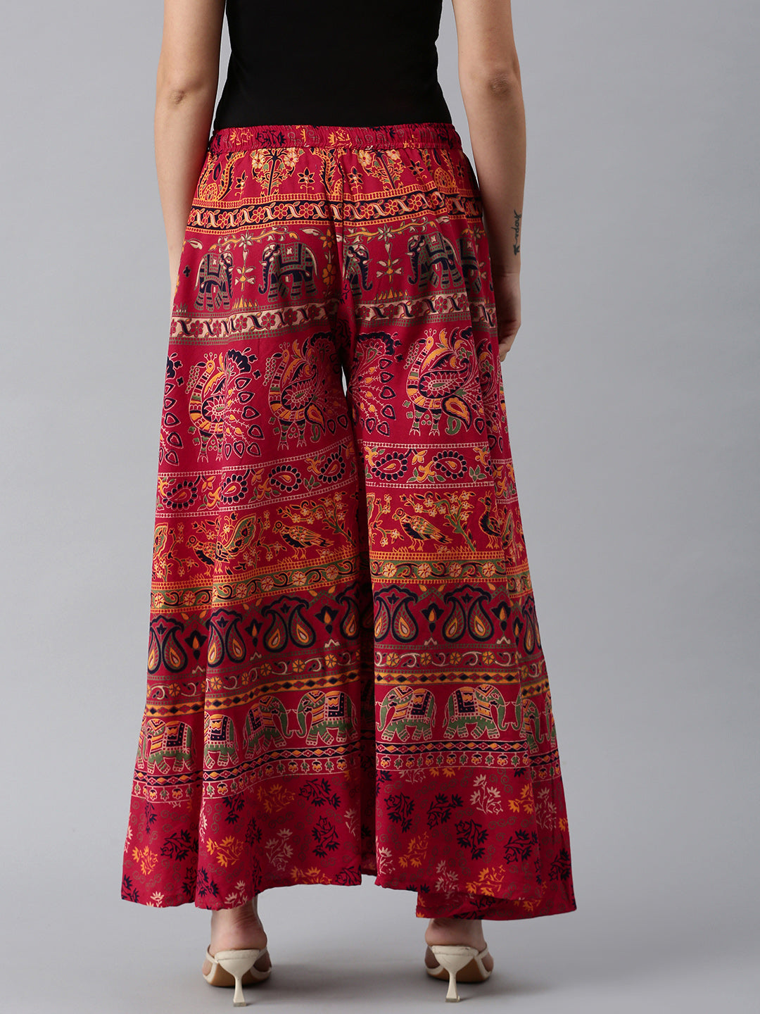Women Red & White Ethnic Motifs Print Flared Palazzos ROOPWATI FASHION
