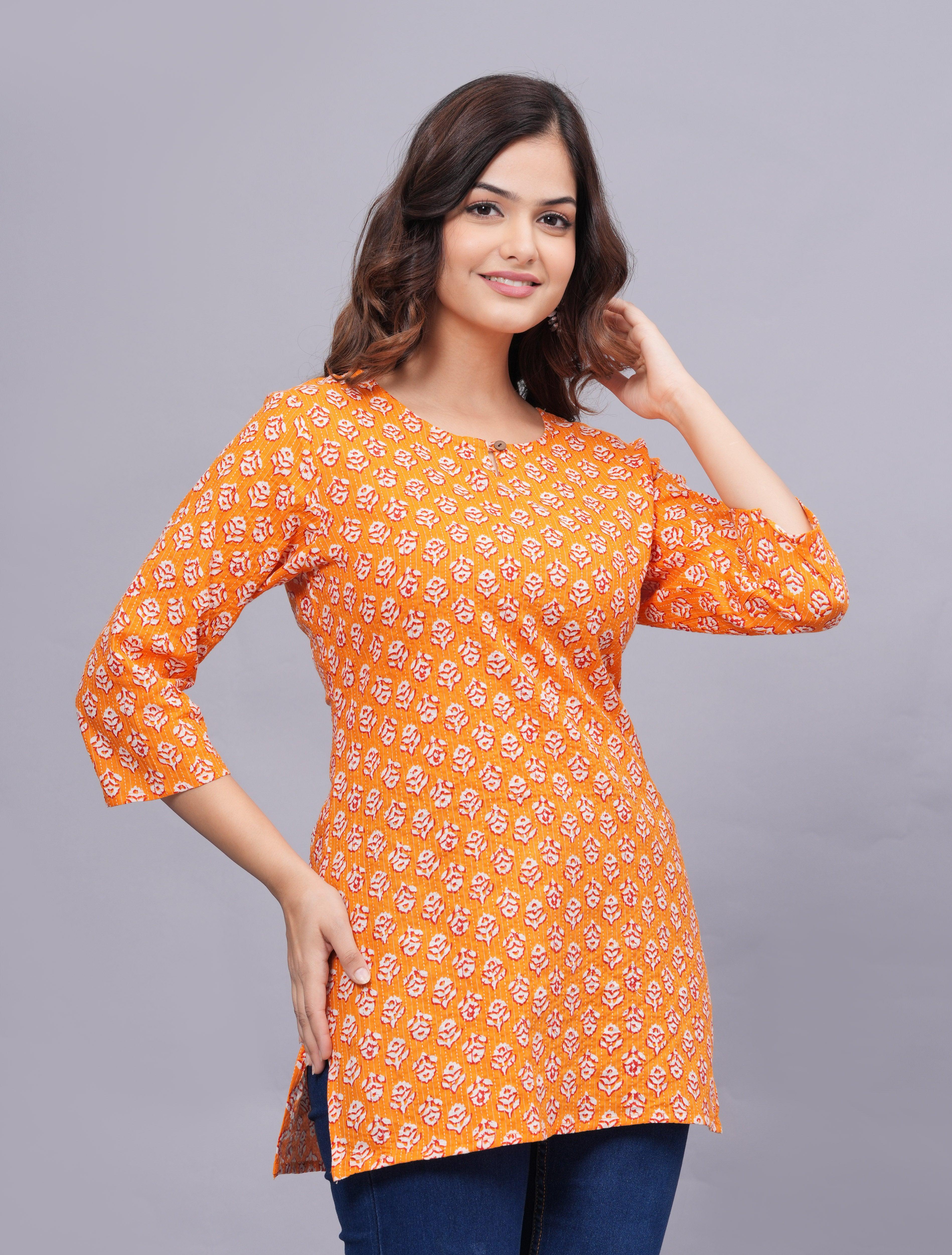 Floral Printed Keyhole Neck Pure Cotton Kurti ROOPWATI FASHION