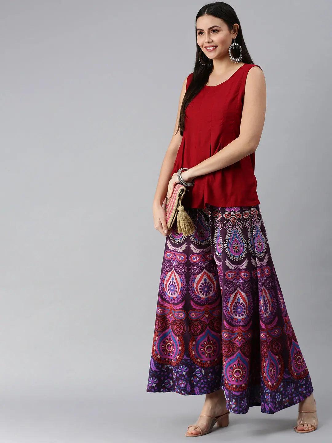 Women Purple Ethnic Motifs Rajasthani Print Flared Palazzos ROOPWATI FASHION