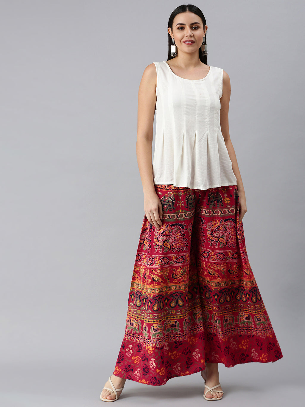 Women Red & White Ethnic Motifs Print Flared Palazzos ROOPWATI FASHION