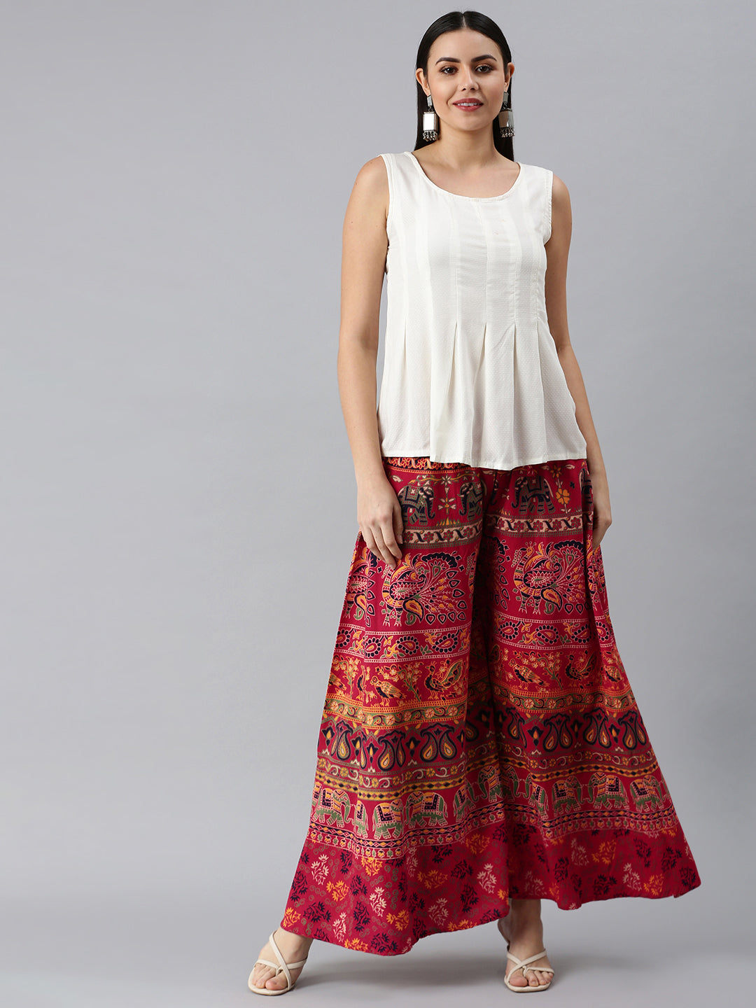 Women Red & White Ethnic Motifs Print Flared Palazzos ROOPWATI FASHION