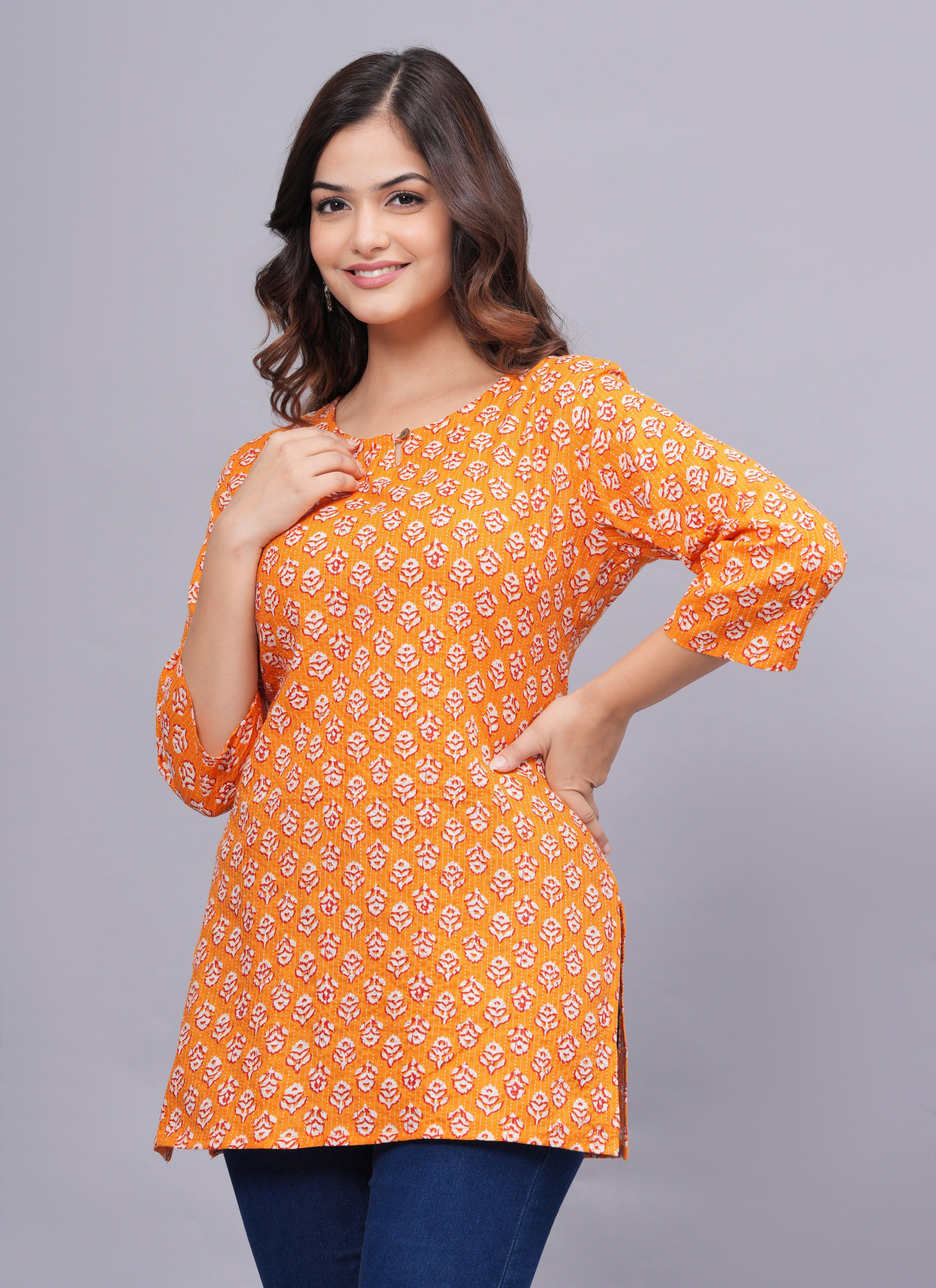 Floral Printed Keyhole Neck Pure Cotton Kurti ROOPWATI FASHION