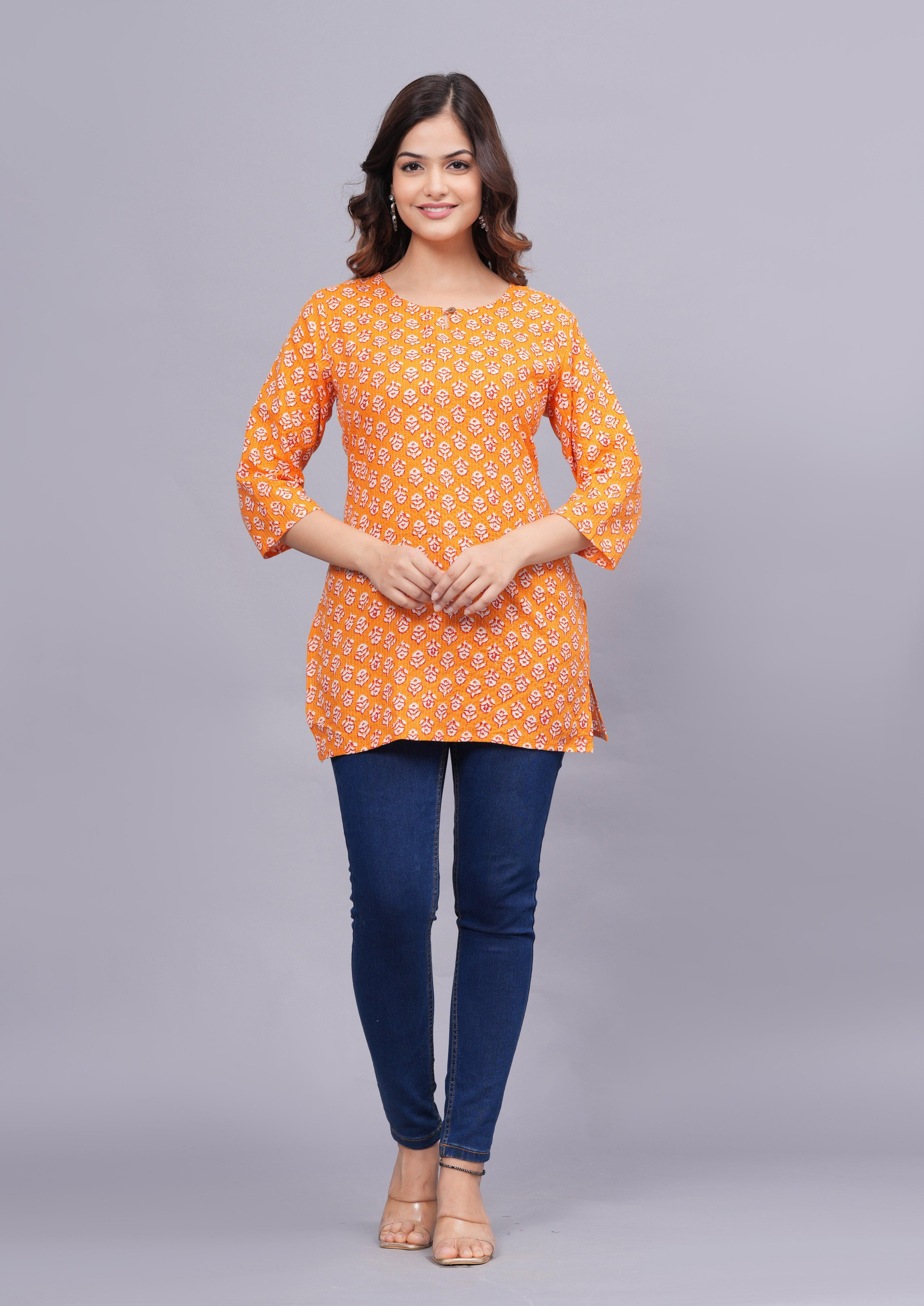 Floral Printed Keyhole Neck Pure Cotton Kurti ROOPWATI FASHION